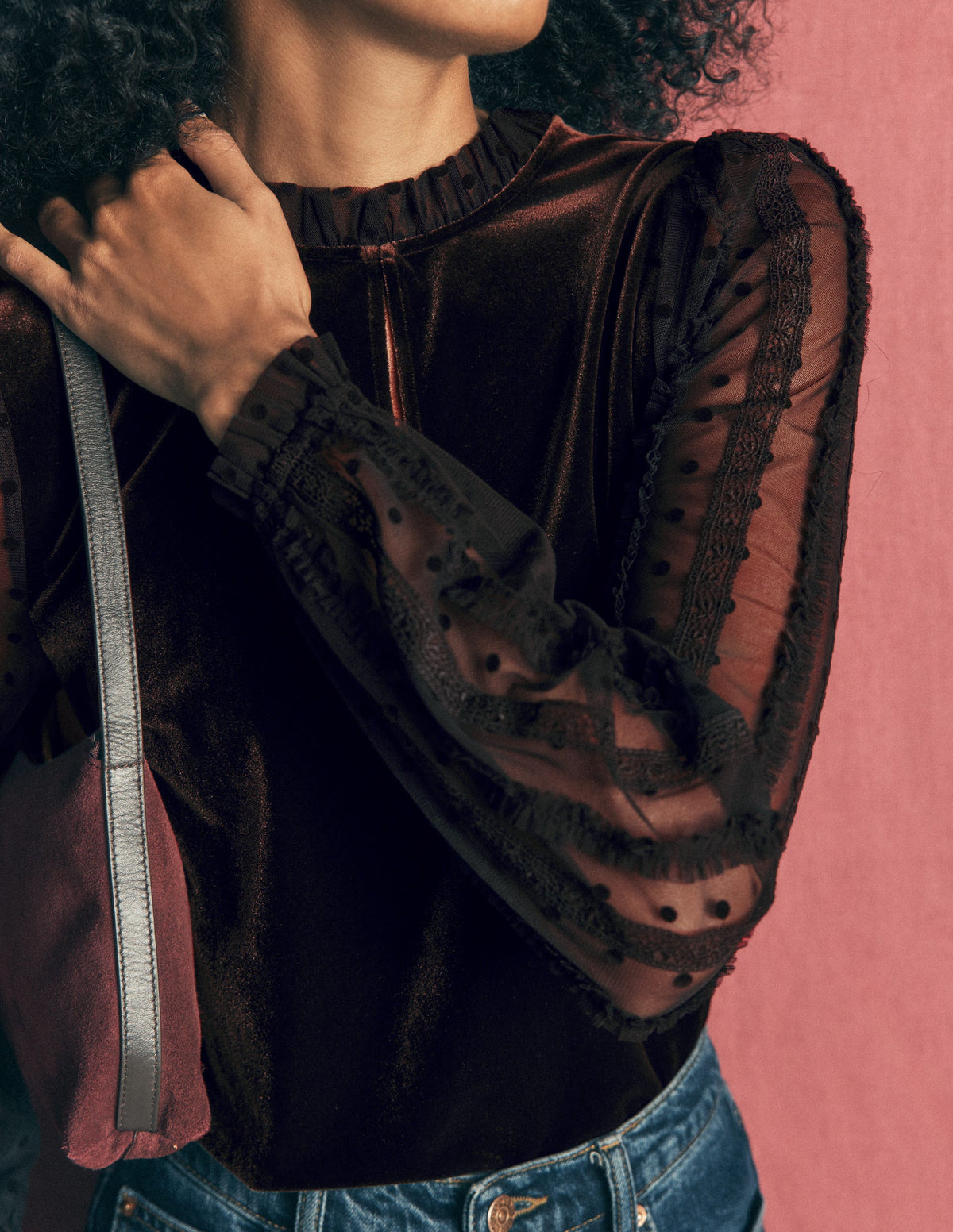 Tulle Mix Velvet Top-Dark Chocolate - Image 2