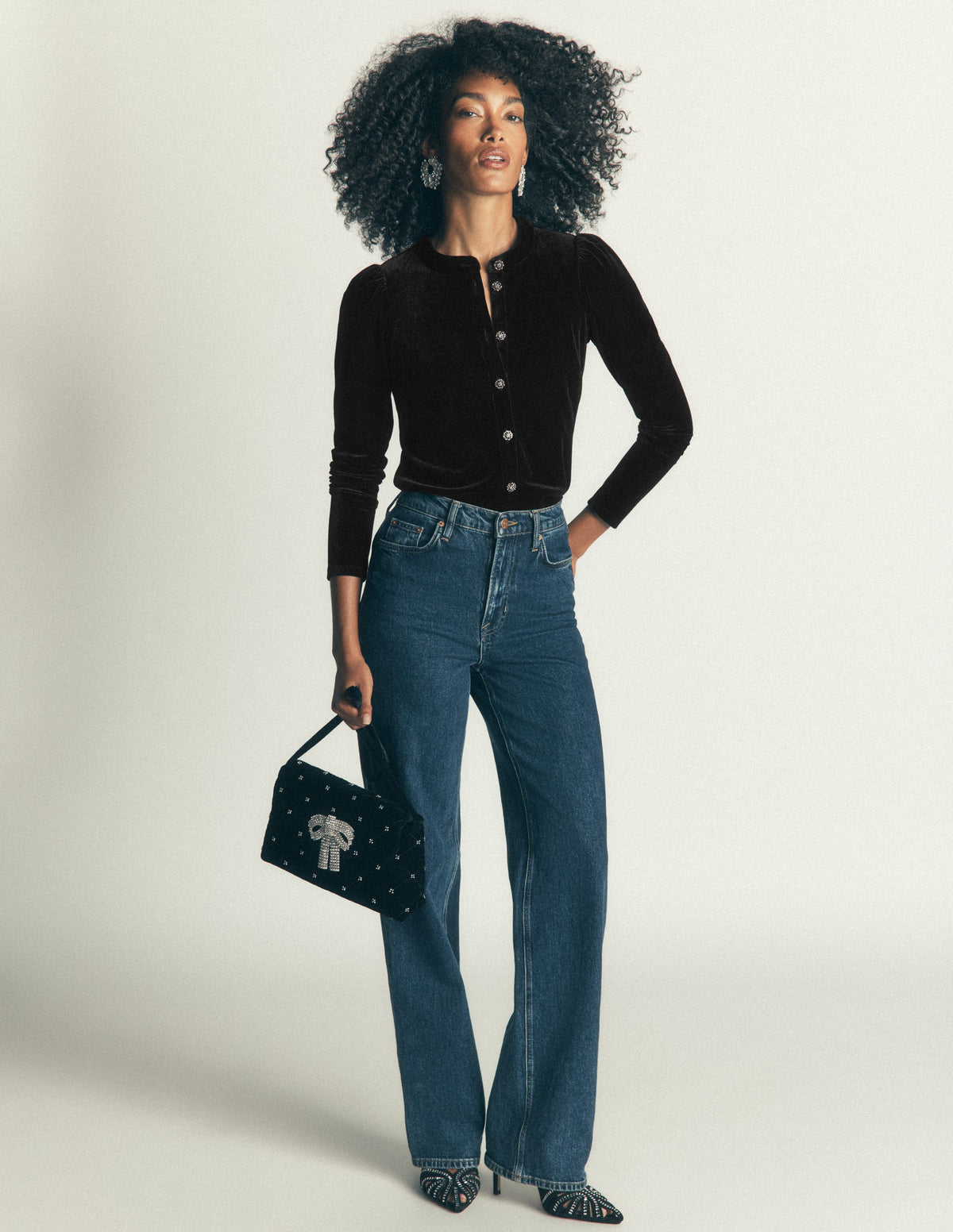 Puff Sleeve Velvet Shirt-Black - Image 4