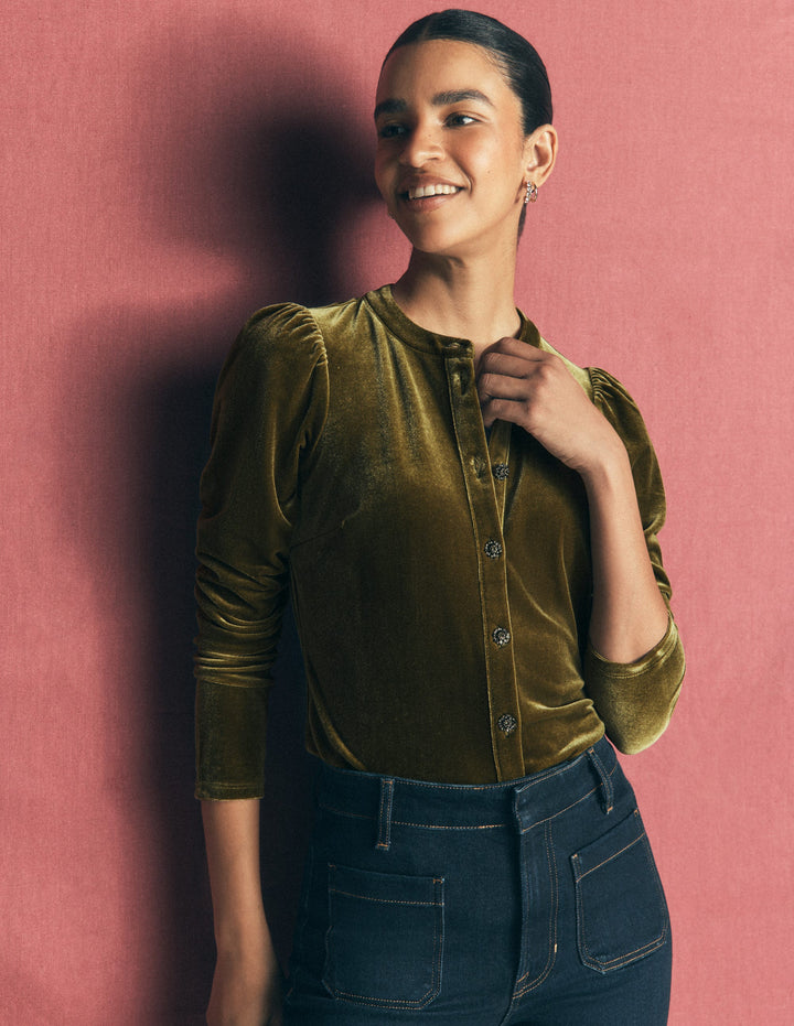 Puff Sleeve Velvet Shirt-Cardamom Seed