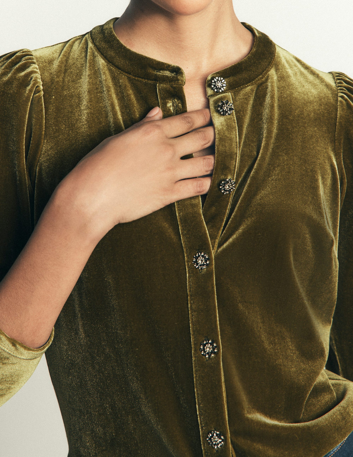 Puff Sleeve Velvet Shirt-Cardamom Seed-2
