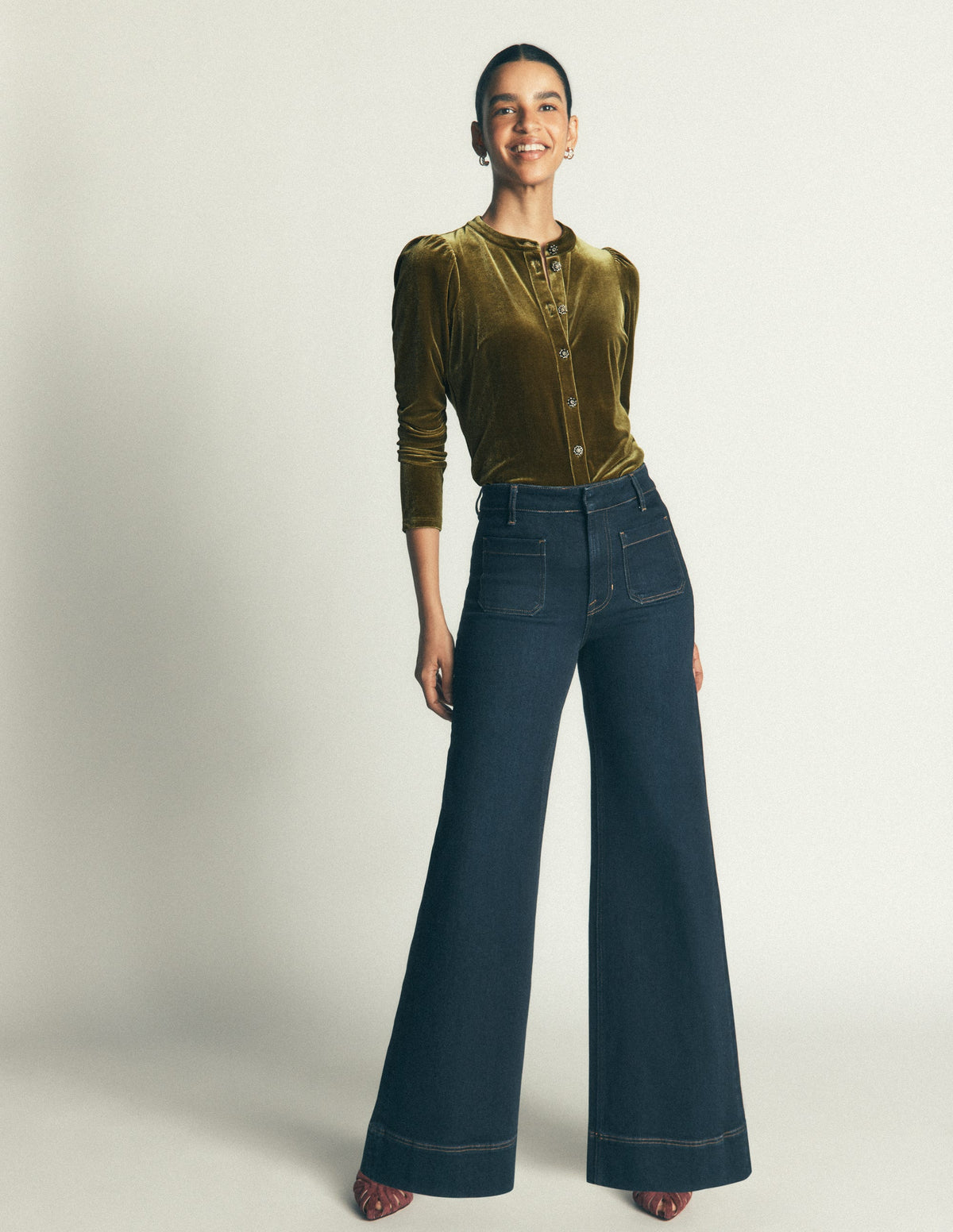 Puff Sleeve Velvet Shirt-Cardamom Seed - Image 4