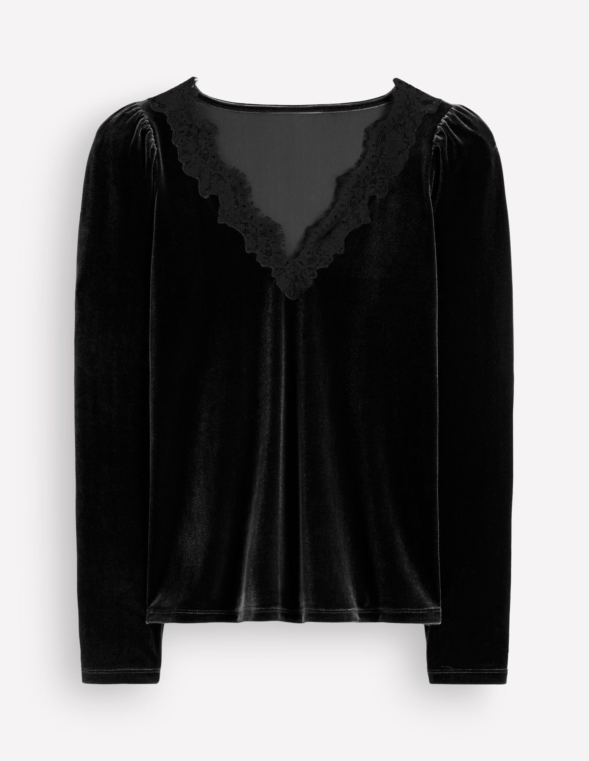 Lace Trim V-Neck Velvet Top-Black-6