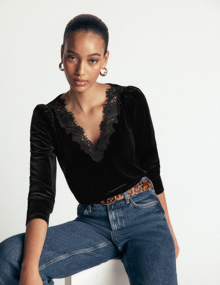 Lace Trim V-Neck Velvet Top-Black