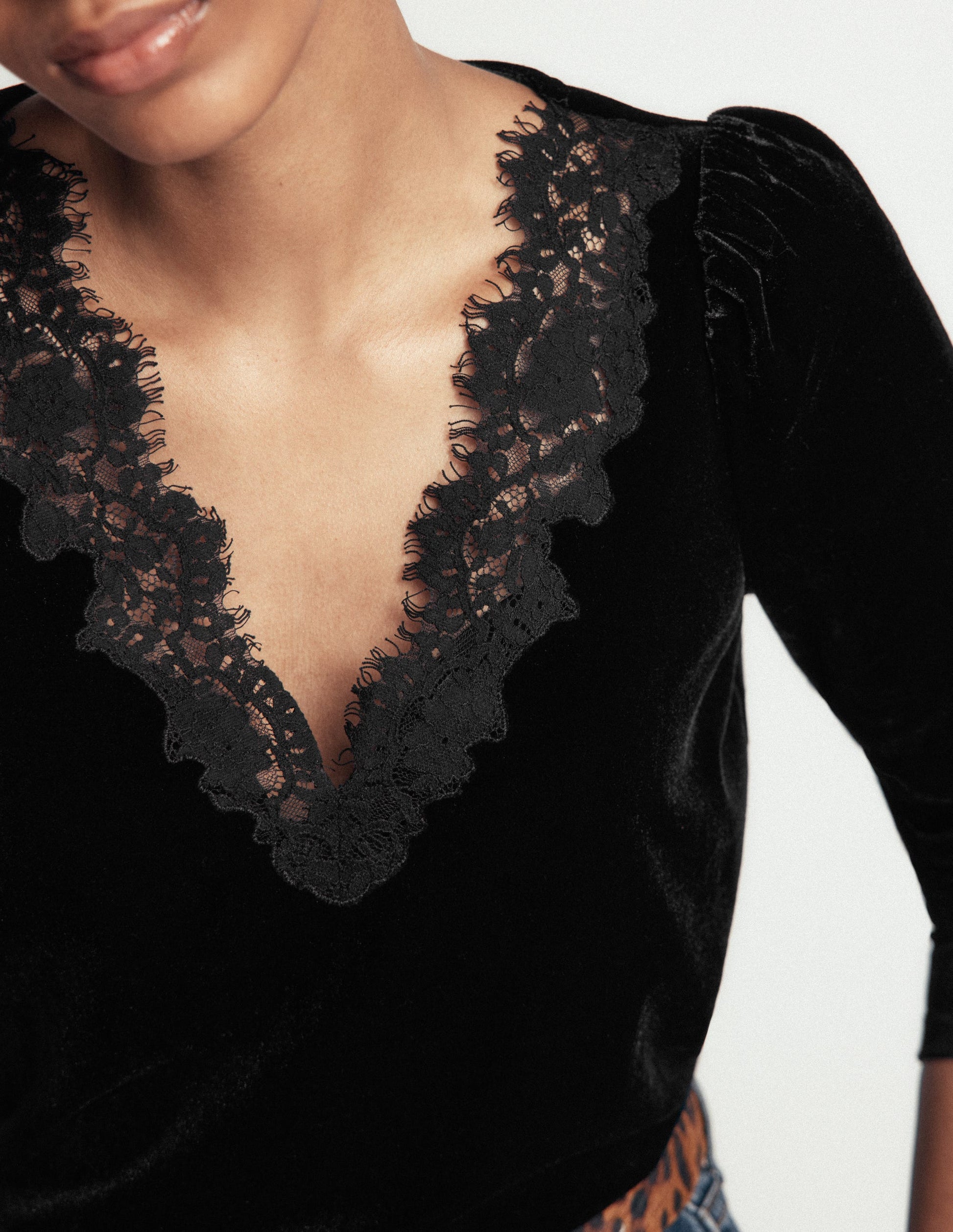 Lace Trim V-Neck Velvet Top-Black-2