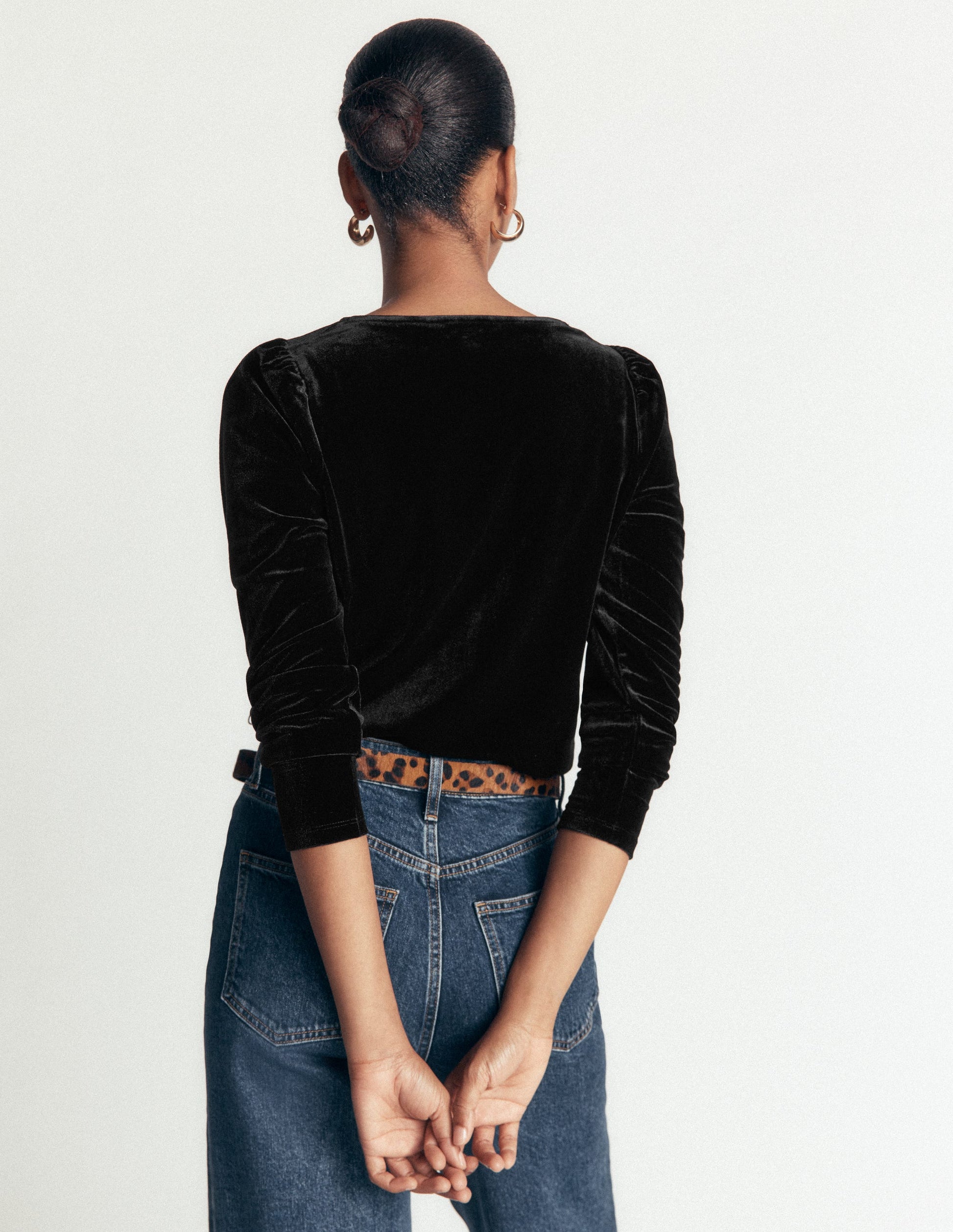 Lace Trim V-Neck Velvet Top-Black-3