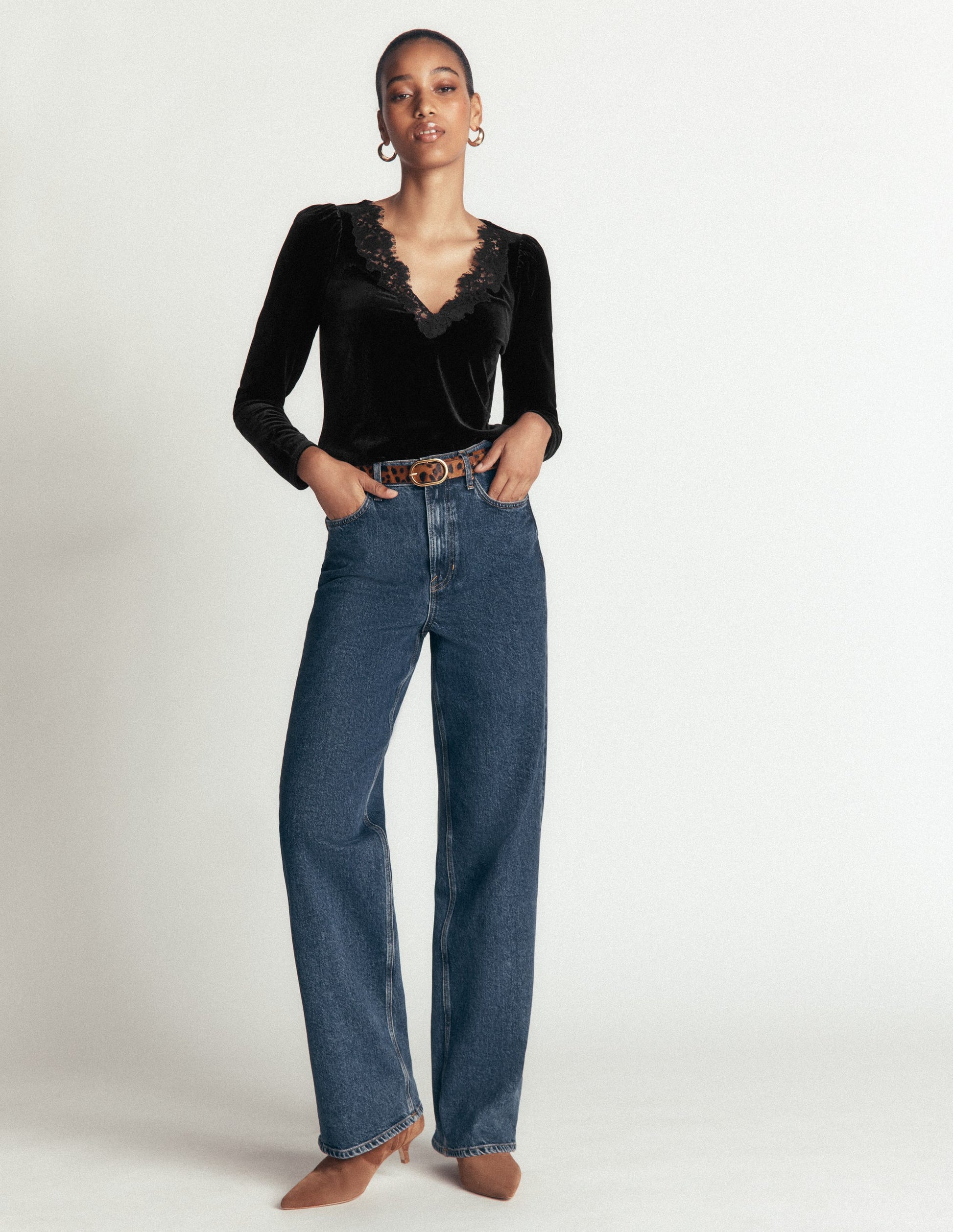 Lace Trim V-Neck Velvet Top-Black-4