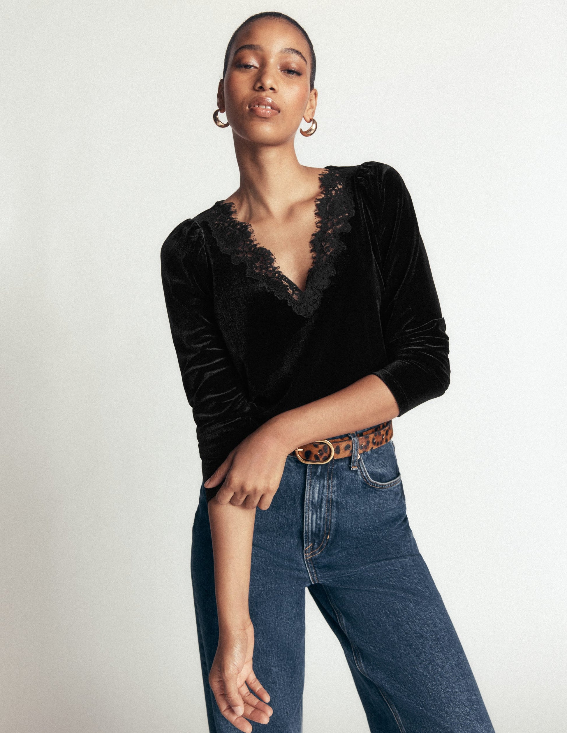 Lace Trim V-Neck Velvet Top-Black-5