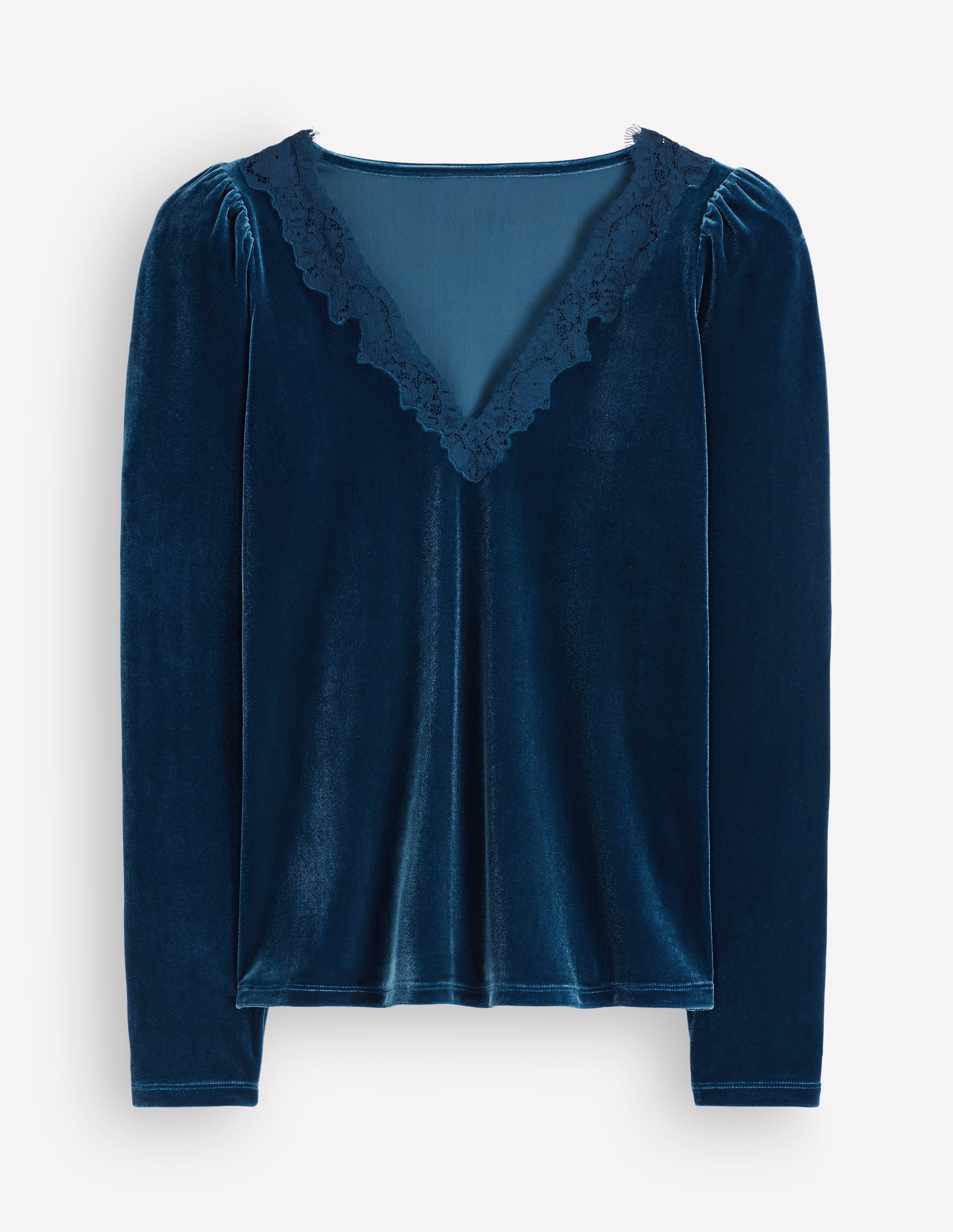 AMOMENTO VELVET V-NECK PULLOVER 水色 L Lace Trim V - Neck Velvet Top - Harbour Blue | Boden USA