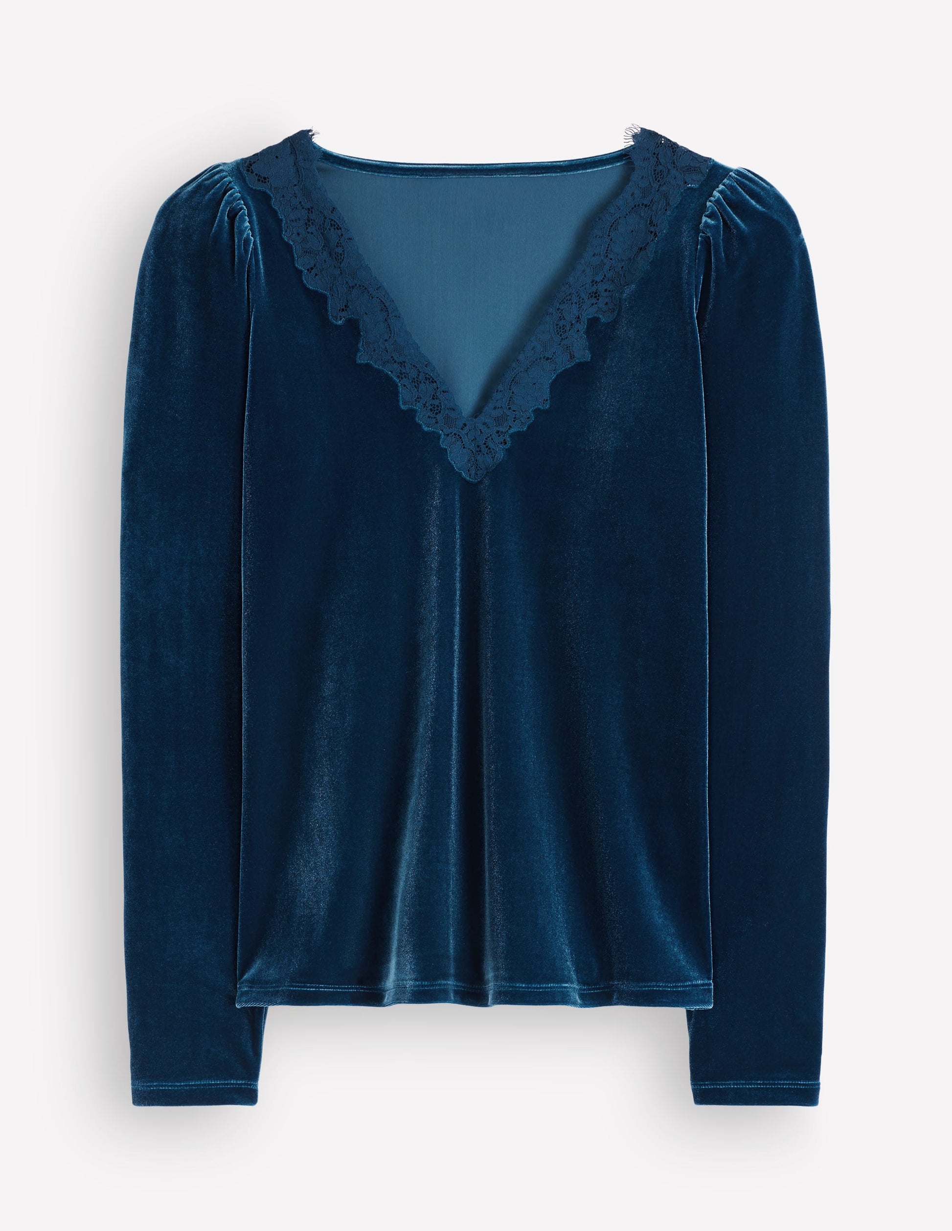 Lace Trim V-Neck Velvet Top-Harbour Blue-5