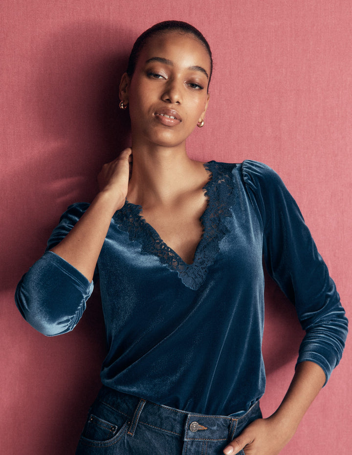 Lace Trim V-Neck Velvet Top-Harbour Blue