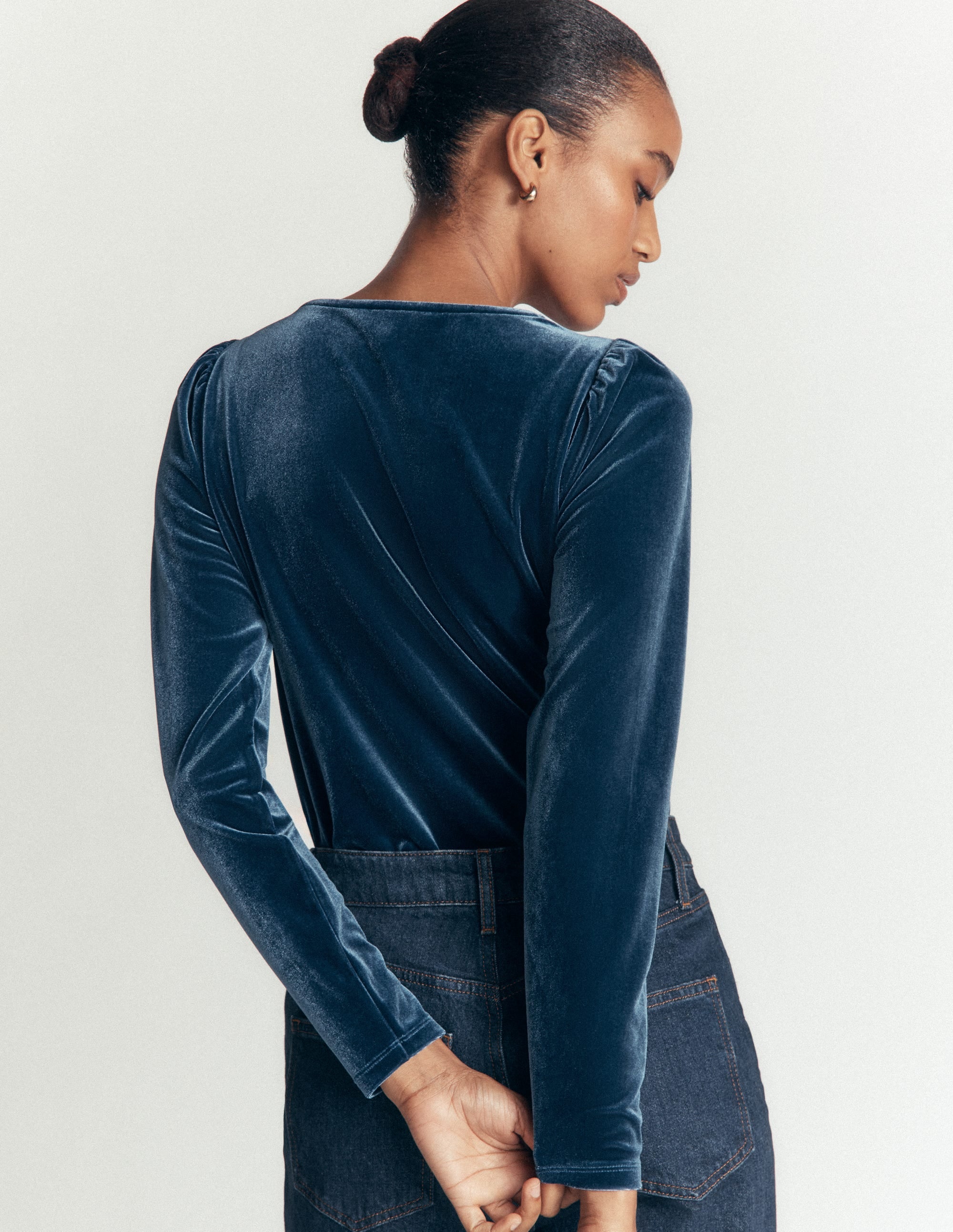 Lace Trim V-Neck Velvet Top-Harbour Blue - Image 3
