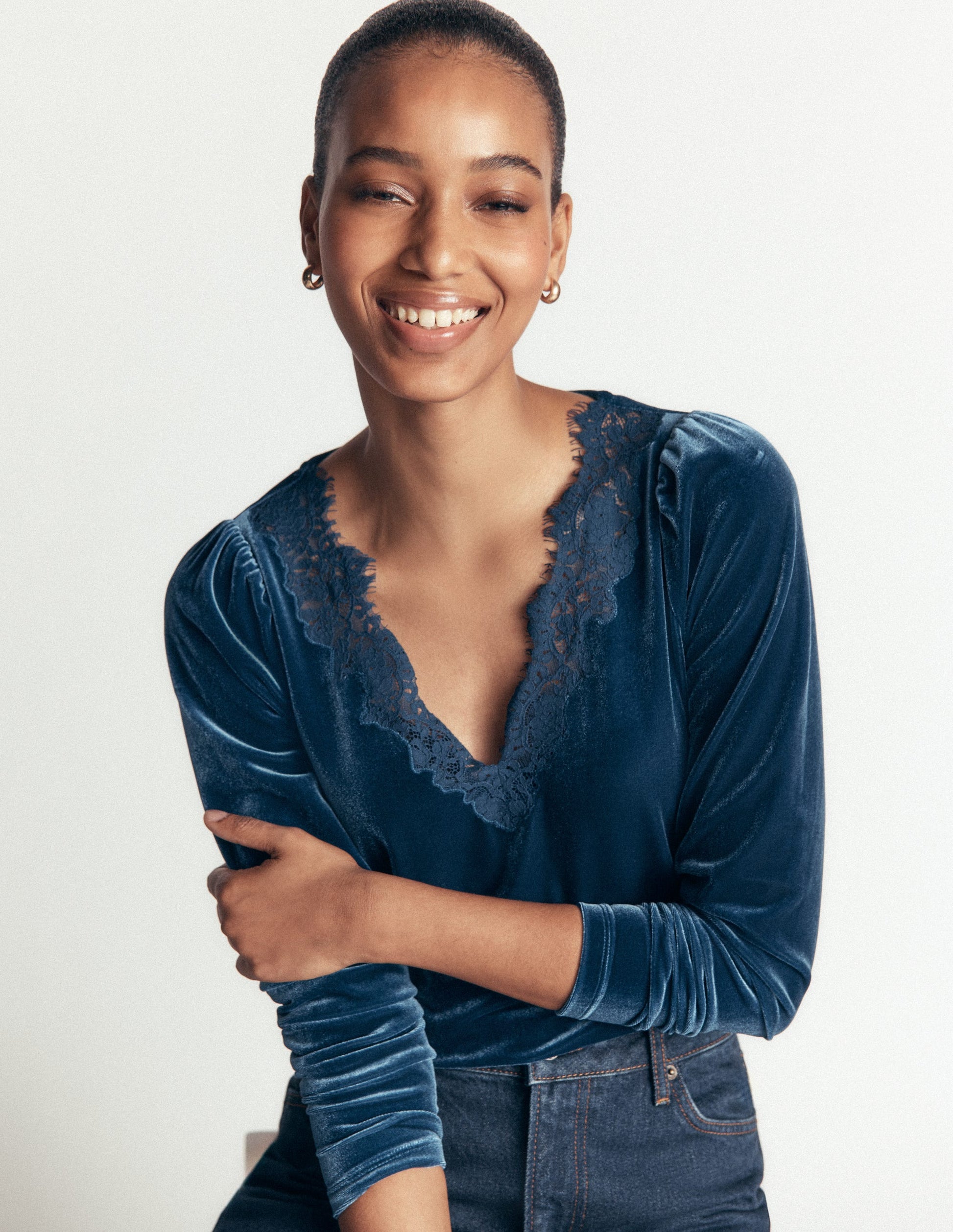 Lace Trim V-Neck Velvet Top-Harbour Blue-4