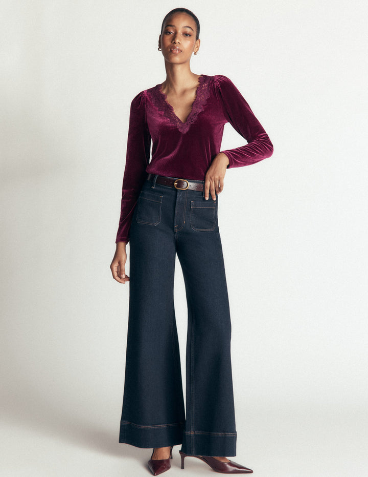 Lace Trim V-Neck Velvet Top-Beetroot Red