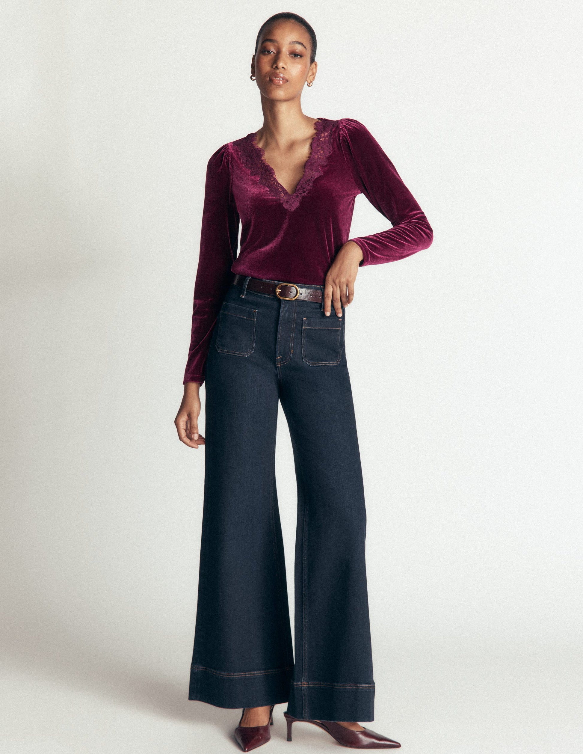 Lace Trim V-Neck Velvet Top-Beetroot Red-1