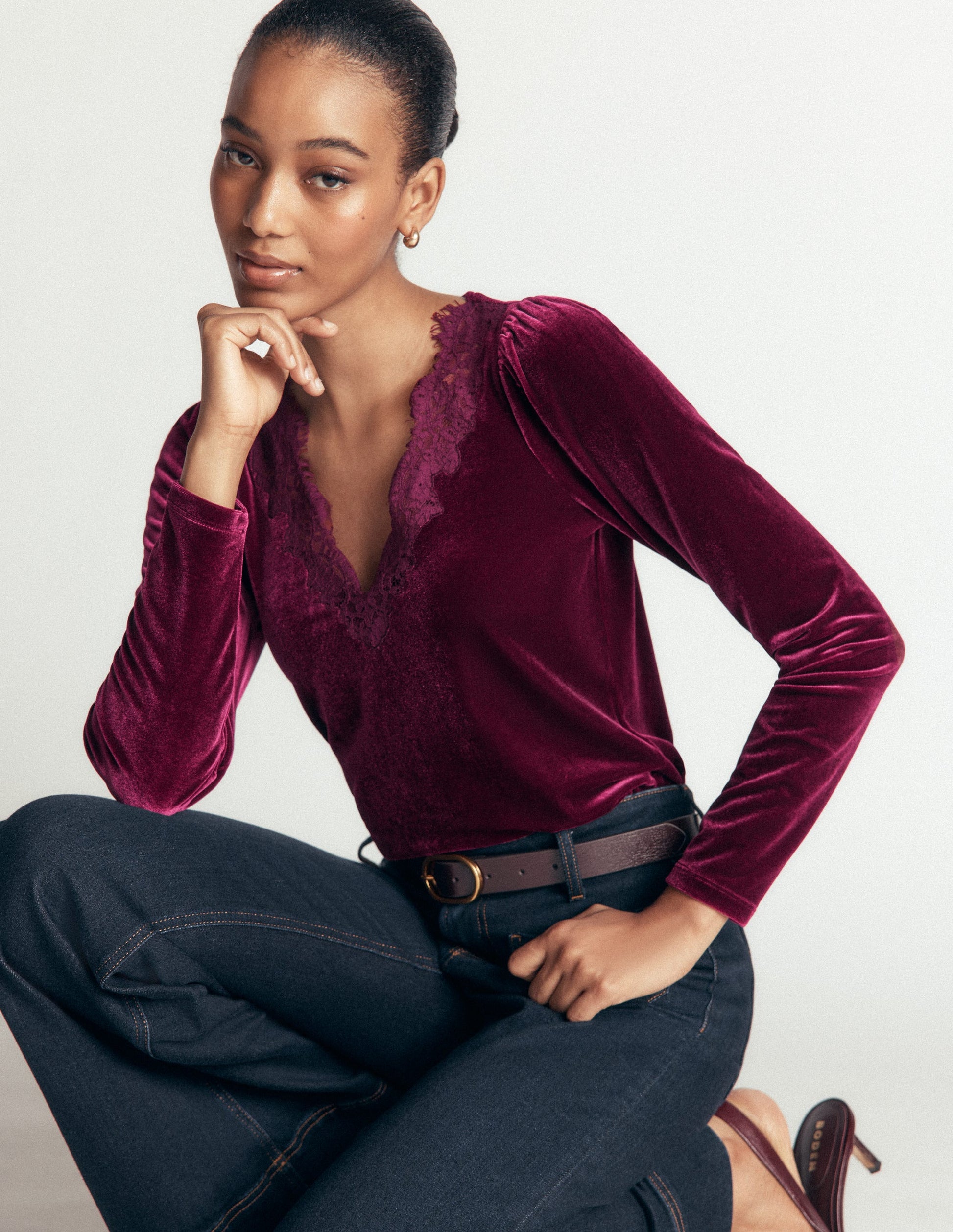Lace Trim V-Neck Velvet Top-Beetroot Red-4