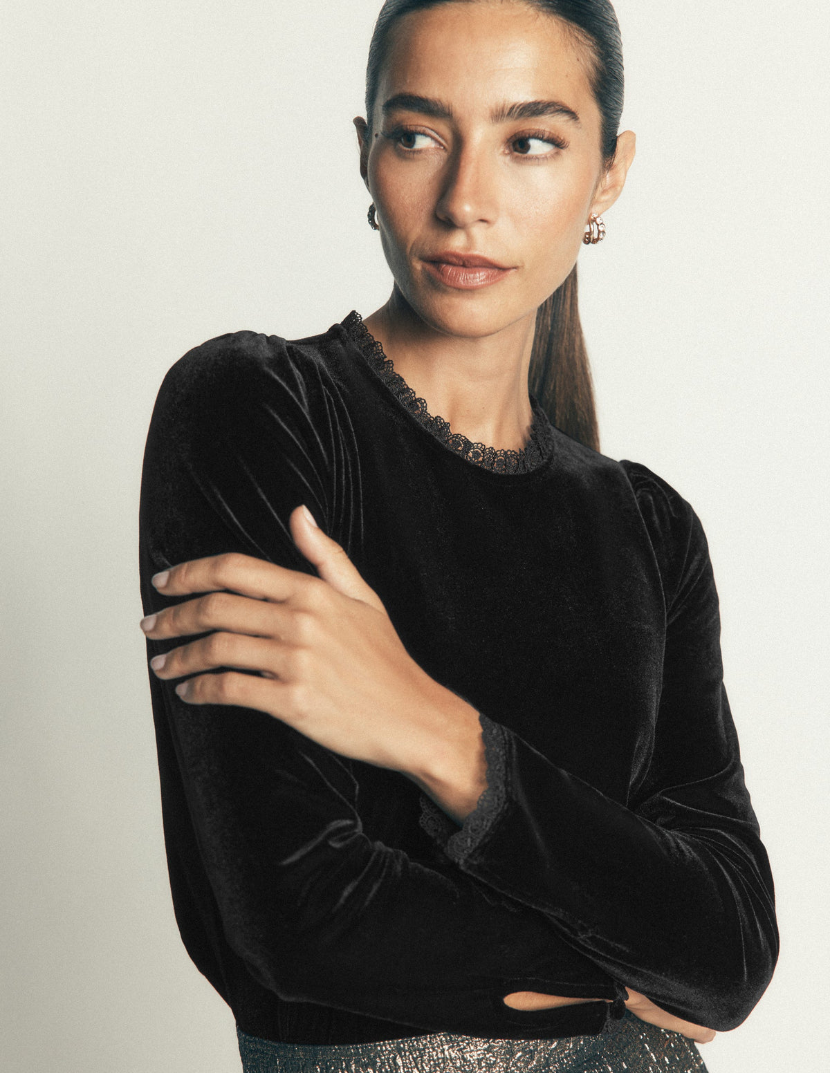 Lace Trim Velvet Top-Black-2