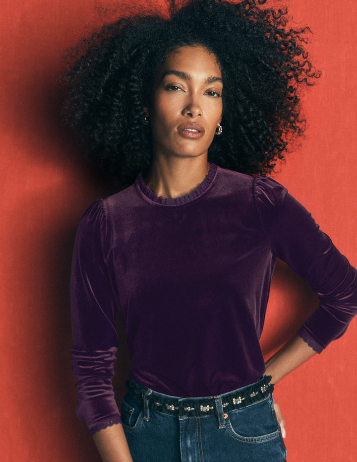 Lace Trim Velvet Top-Night Shade