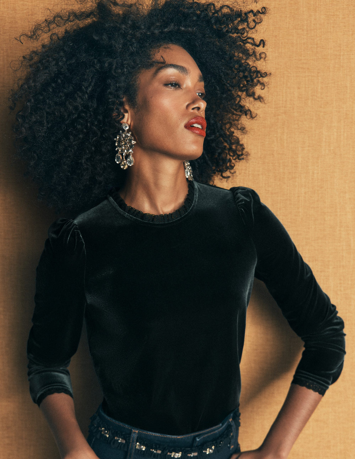 Lace Trim Velvet Top-Midnight Emerald-1