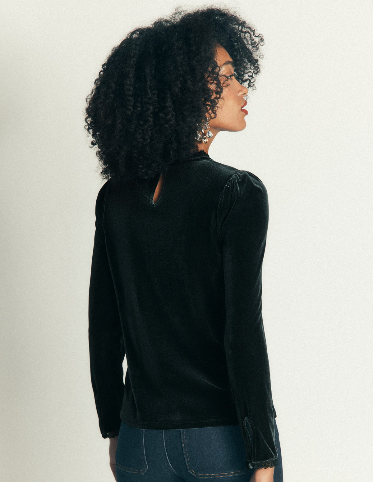 Lace Trim Velvet Top-Midnight Emerald - Image 3