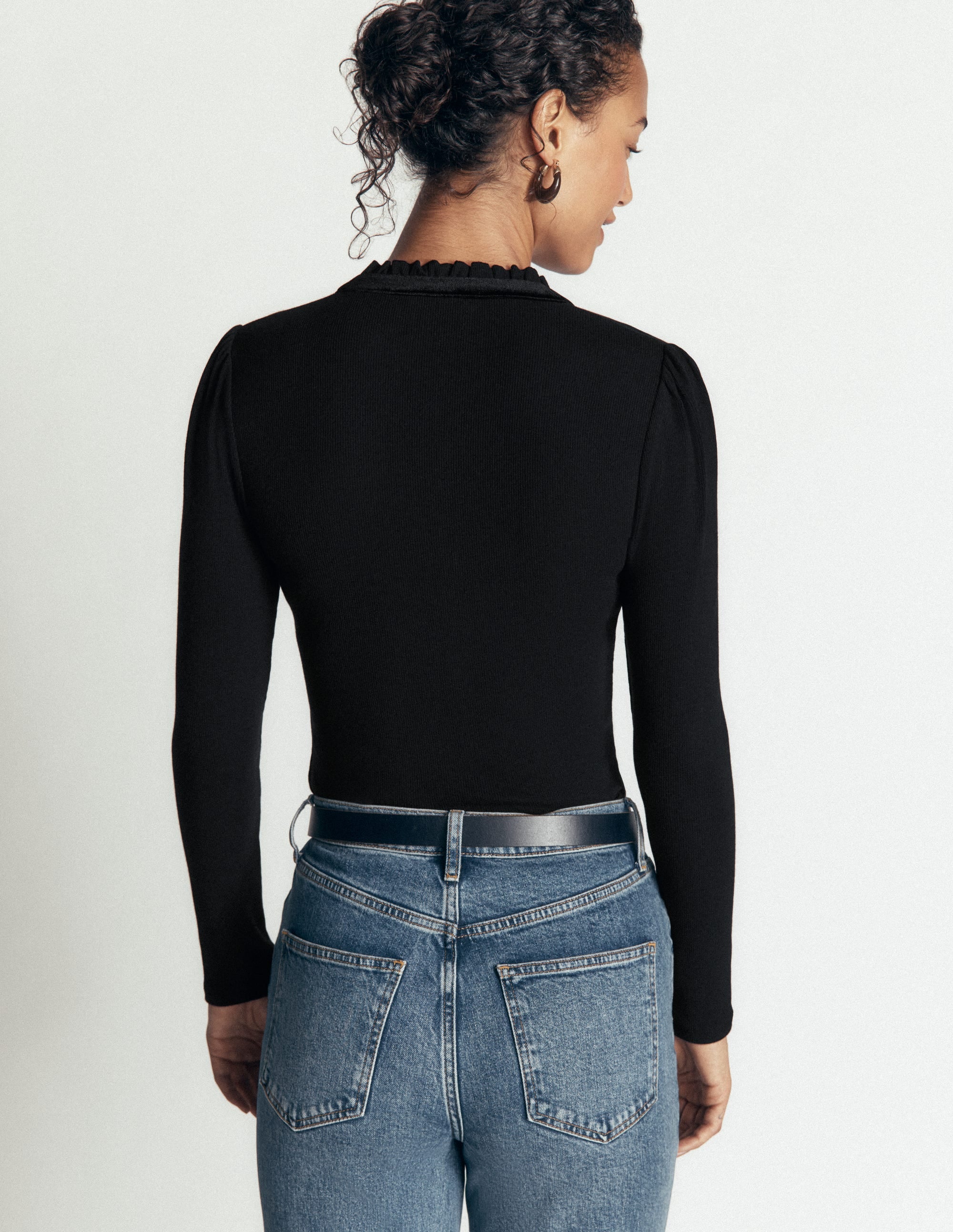 Velvet Ruffle Trim Henley Top-Black - Image 2