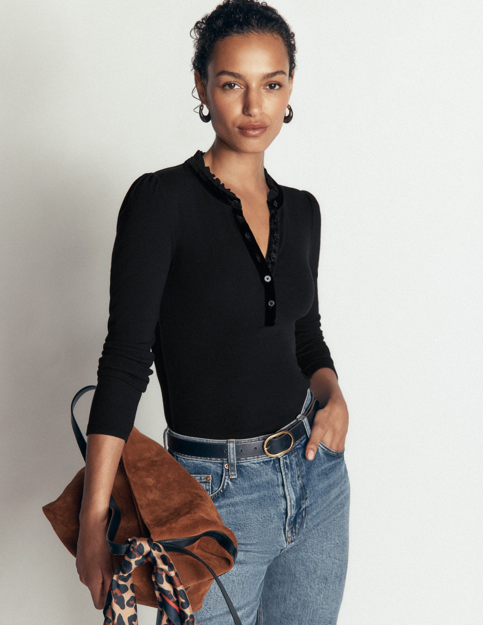 Velvet Ruffle Trim Henley Top-Black-3