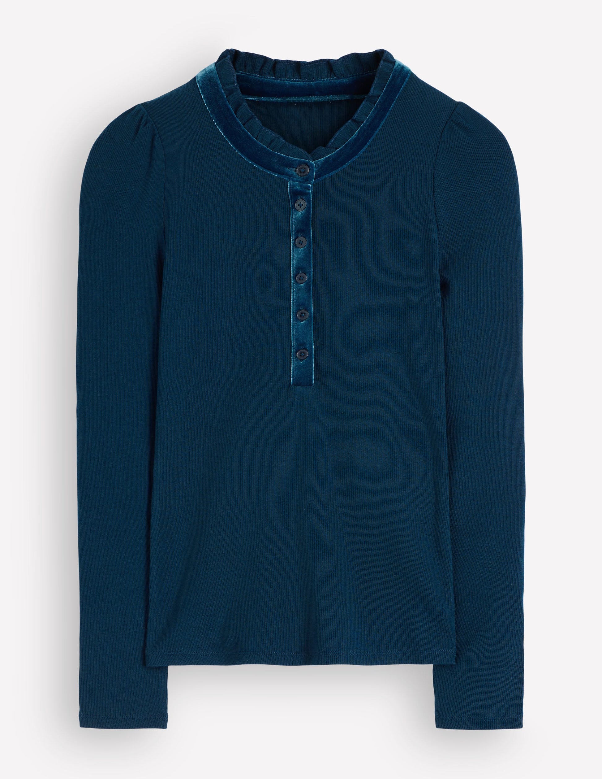 Velvet Ruffle Trim Henley Top-Sailor Blue-7