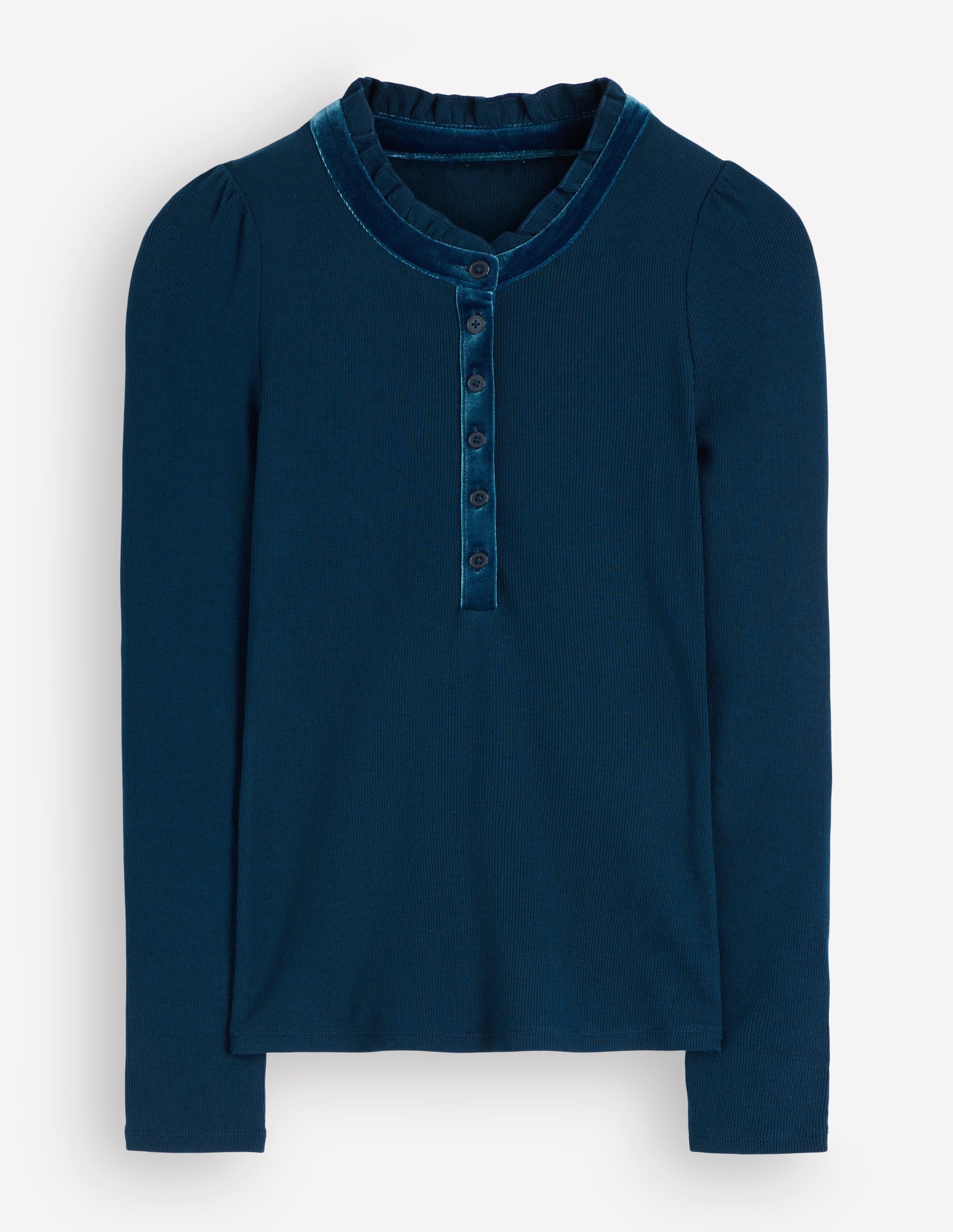 Velvet Ruffle Trim Henley Top-Sailor Blue - Image 7