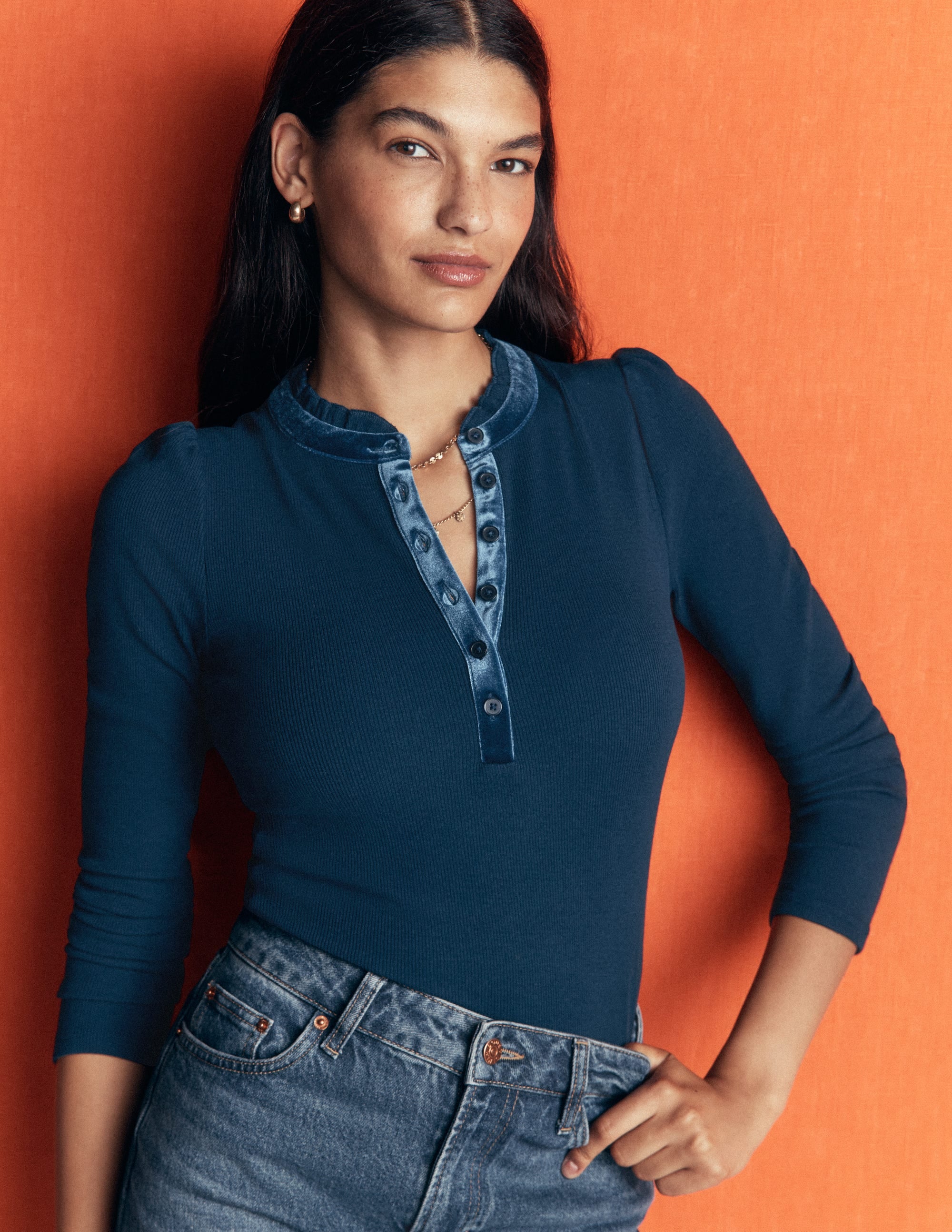 Velvet Ruffle Trim Henley Top-Sailor Blue - Image 1