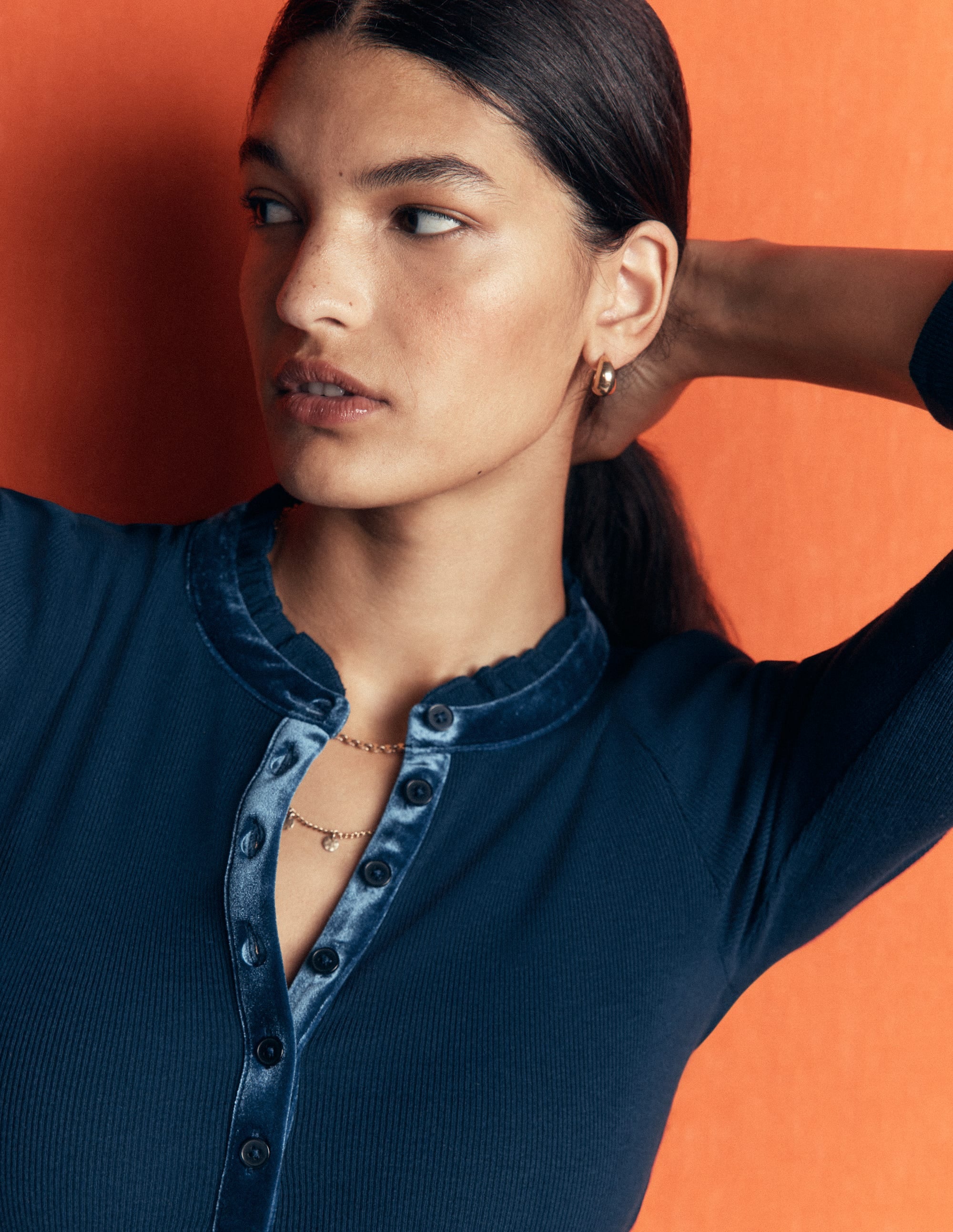 Velvet Ruffle Trim Henley Top-Sailor Blue - Image 2
