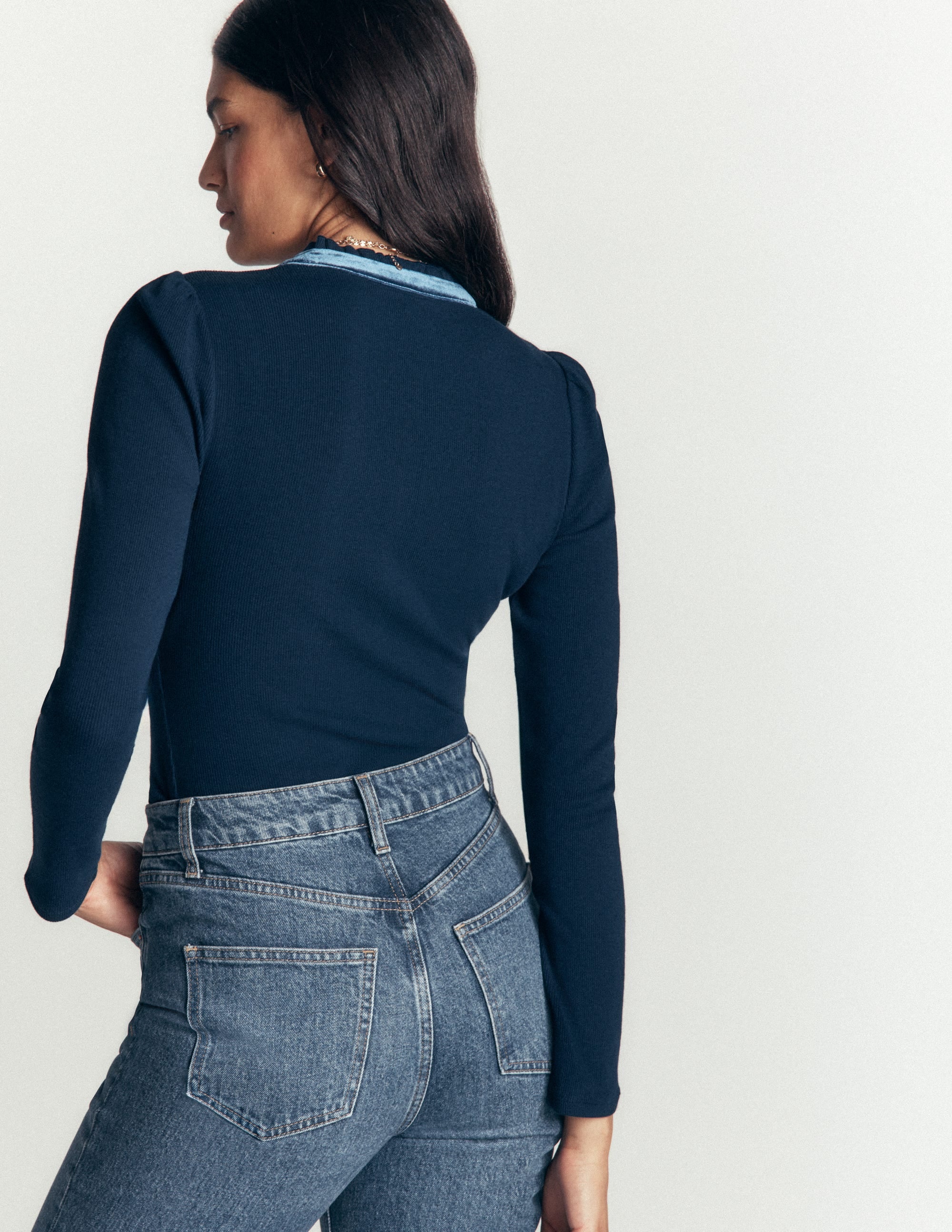 Velvet Ruffle Trim Henley Top-Sailor Blue - Image 3