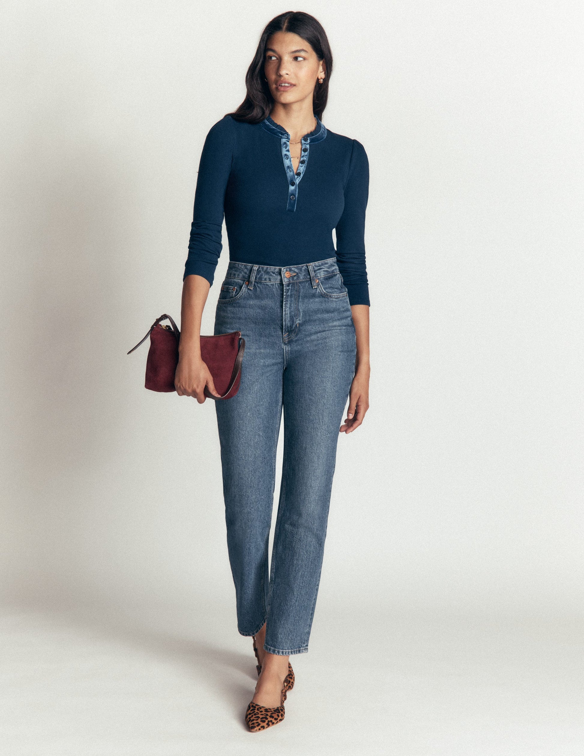 Velvet Ruffle Trim Henley Top-Sailor Blue-4