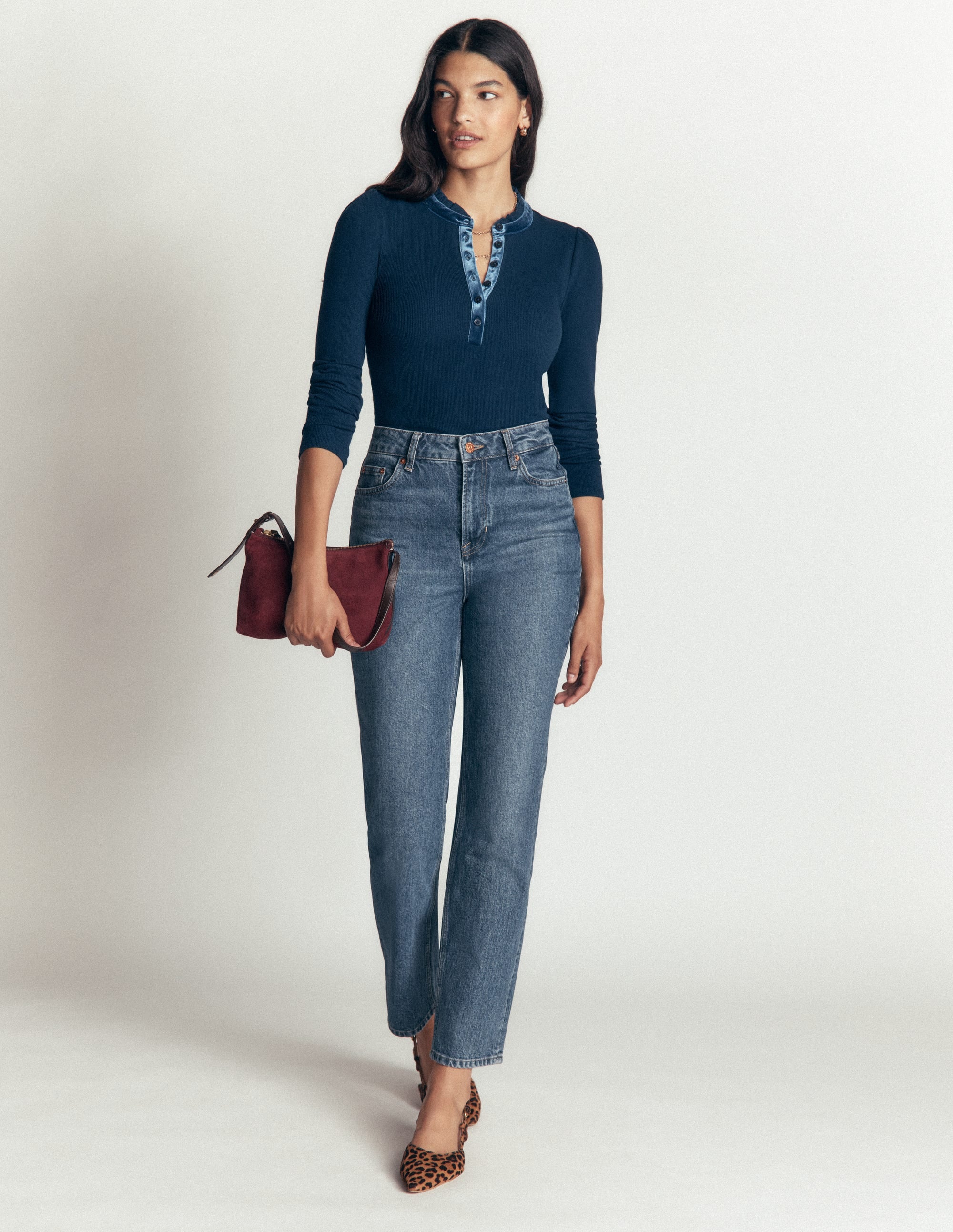 Velvet Ruffle Trim Henley Top-Sailor Blue - Image 4
