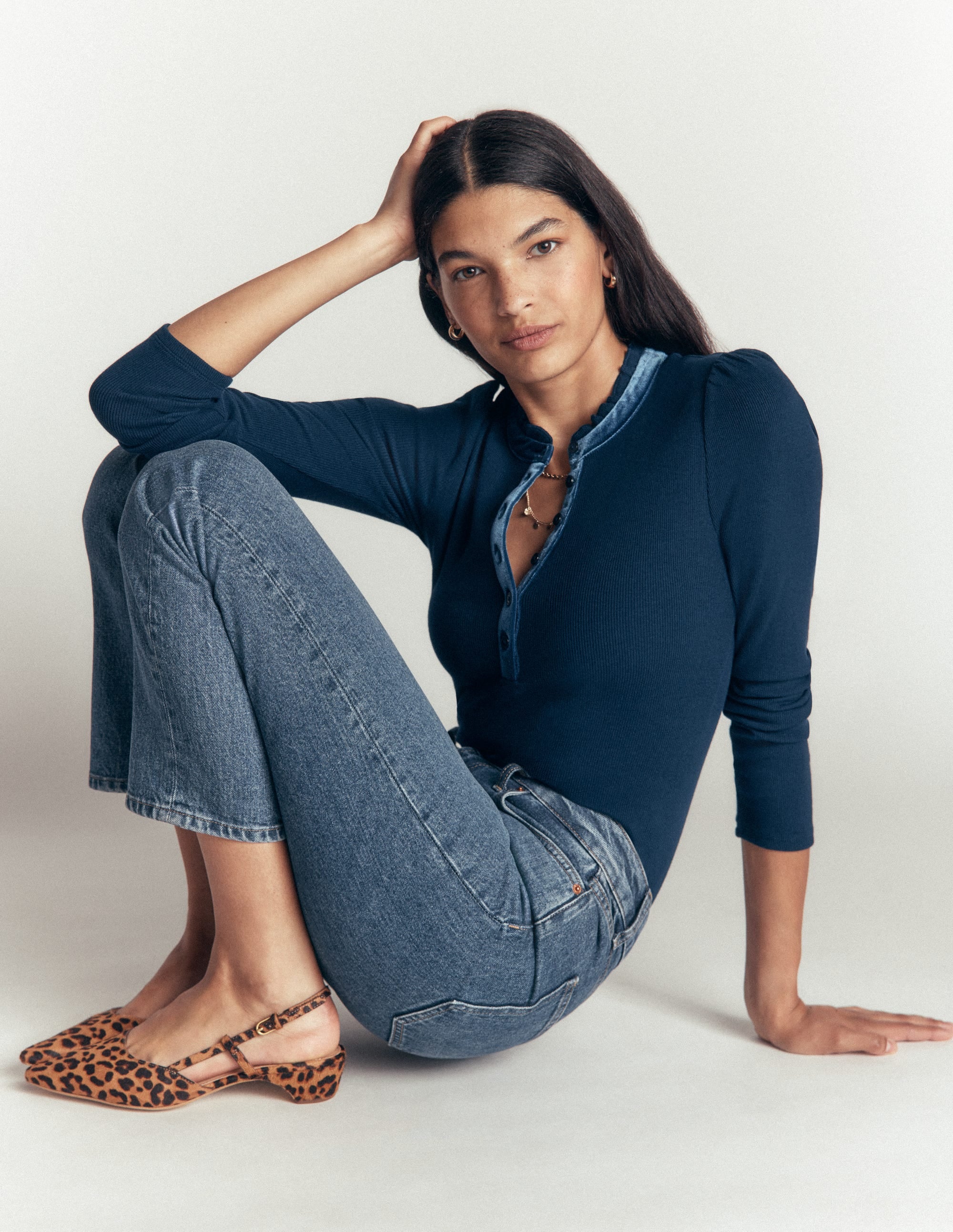 Velvet Ruffle Trim Henley Top-Sailor Blue - Image 5