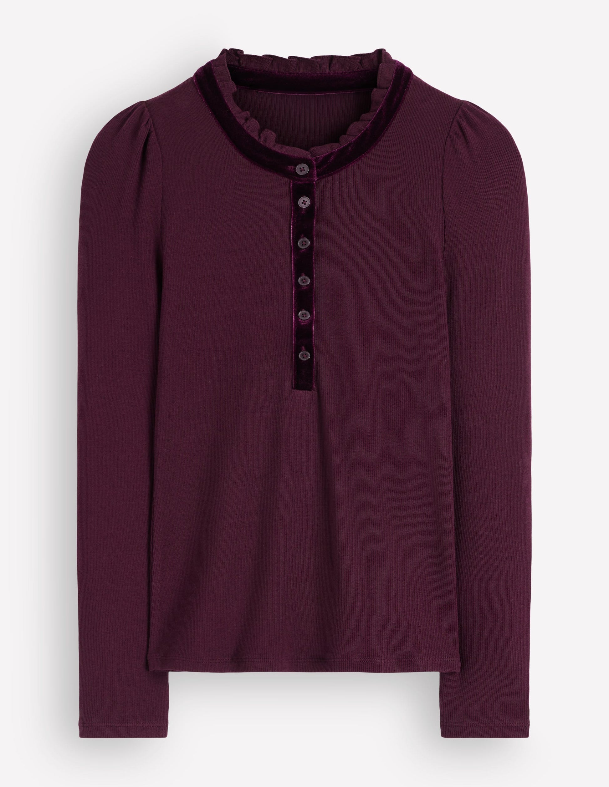 Velvet Ruffle Trim Henley Top-Dark Cherry-5