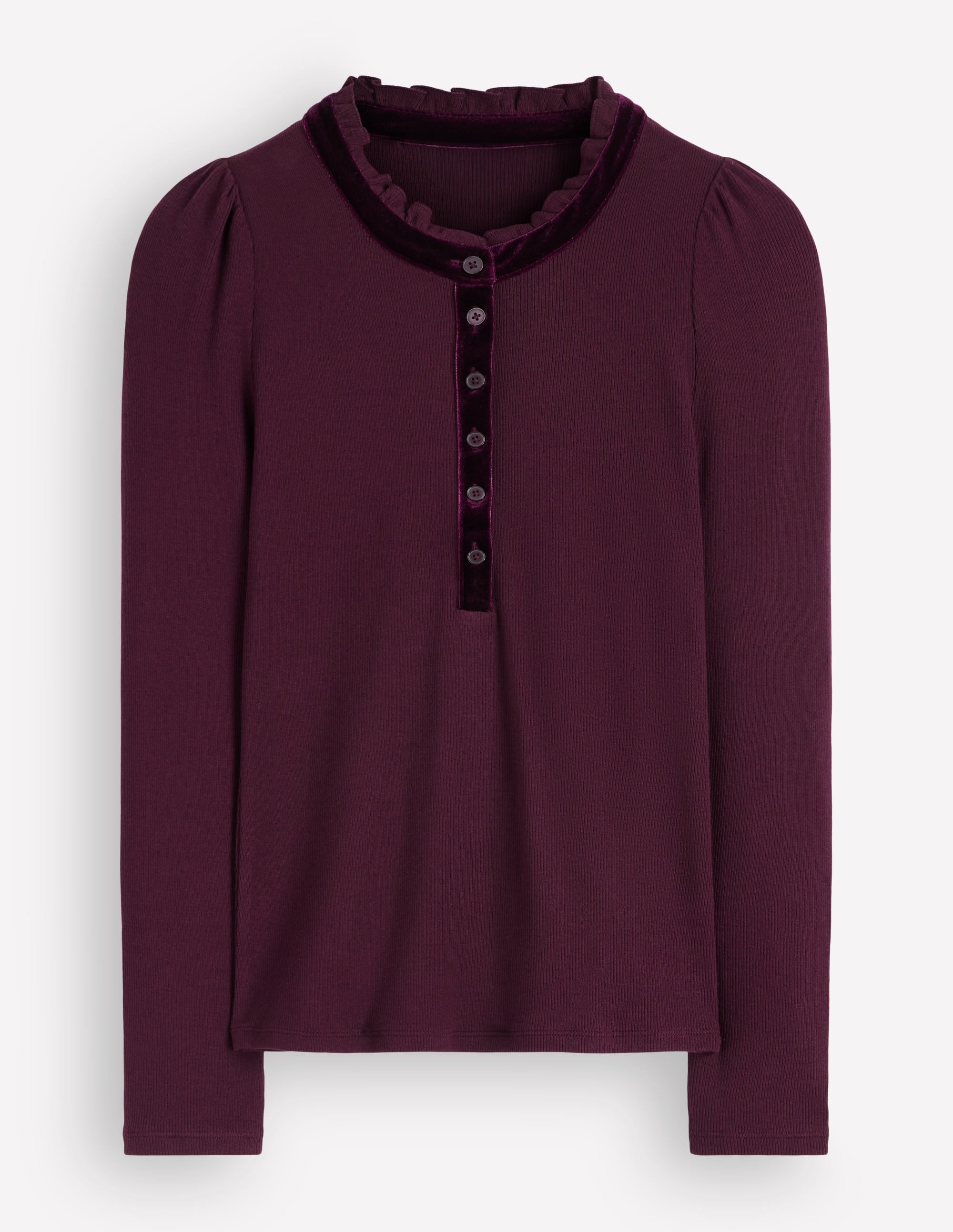 Velvet Ruffle Trim Henley Top-Dark Cherry - Image 5