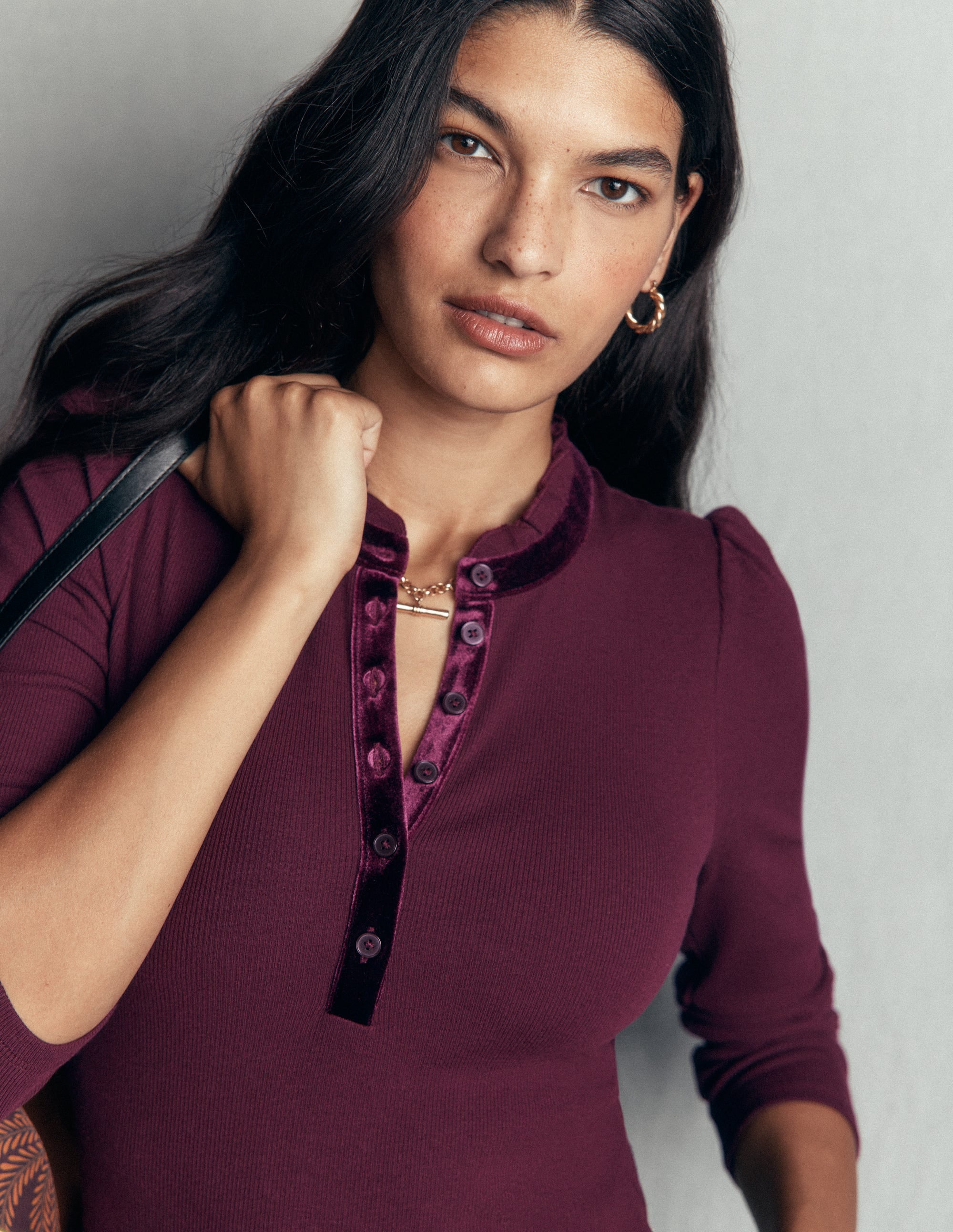 Velvet Ruffle Trim Henley Top-Dark Cherry - Image 1