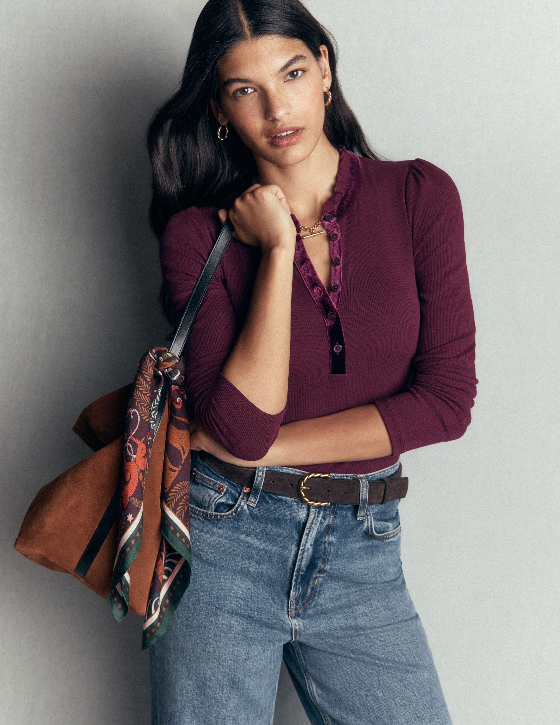Velvet Ruffle Trim Henley Top-Dark Cherry-2