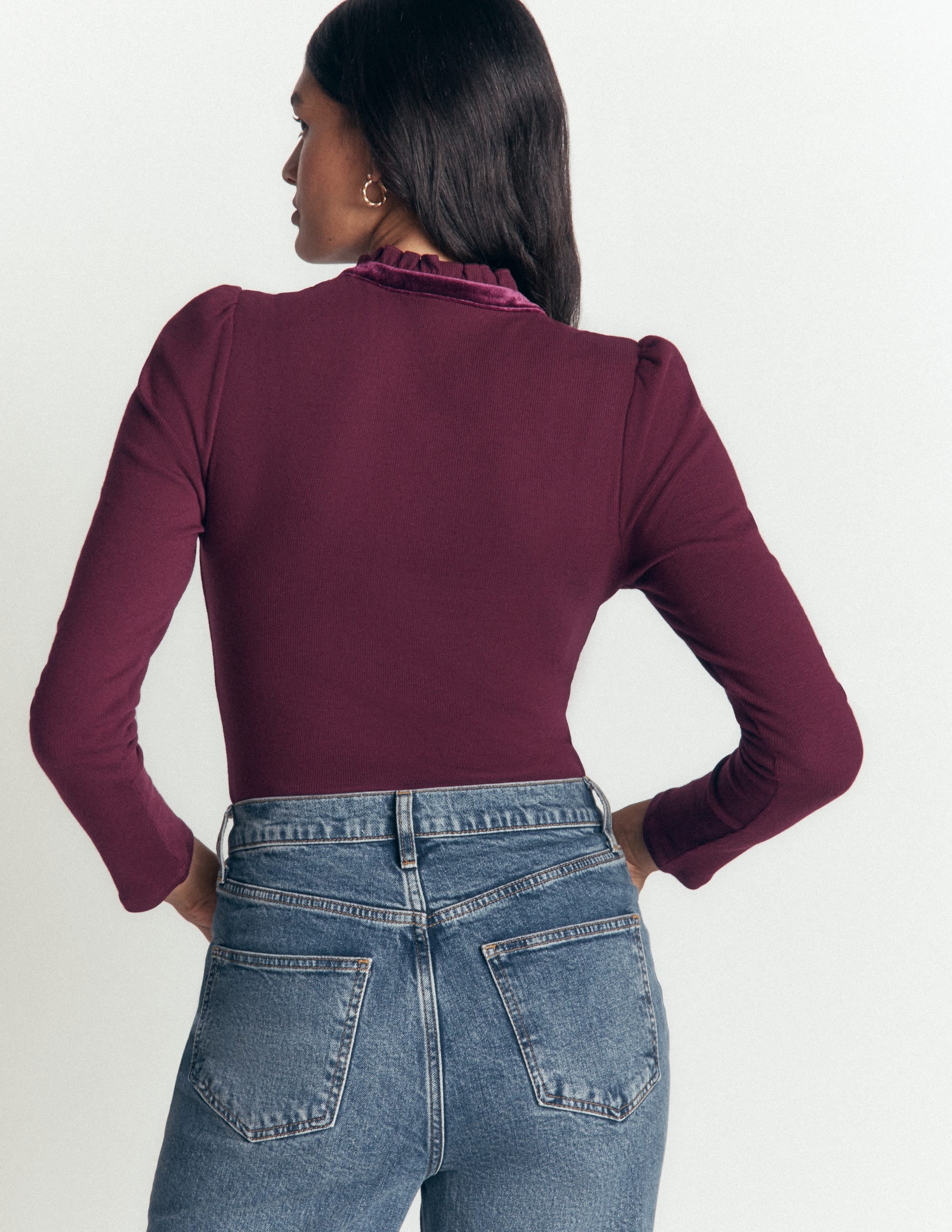 Velvet Ruffle Trim Henley Top-Dark Cherry - Image 3