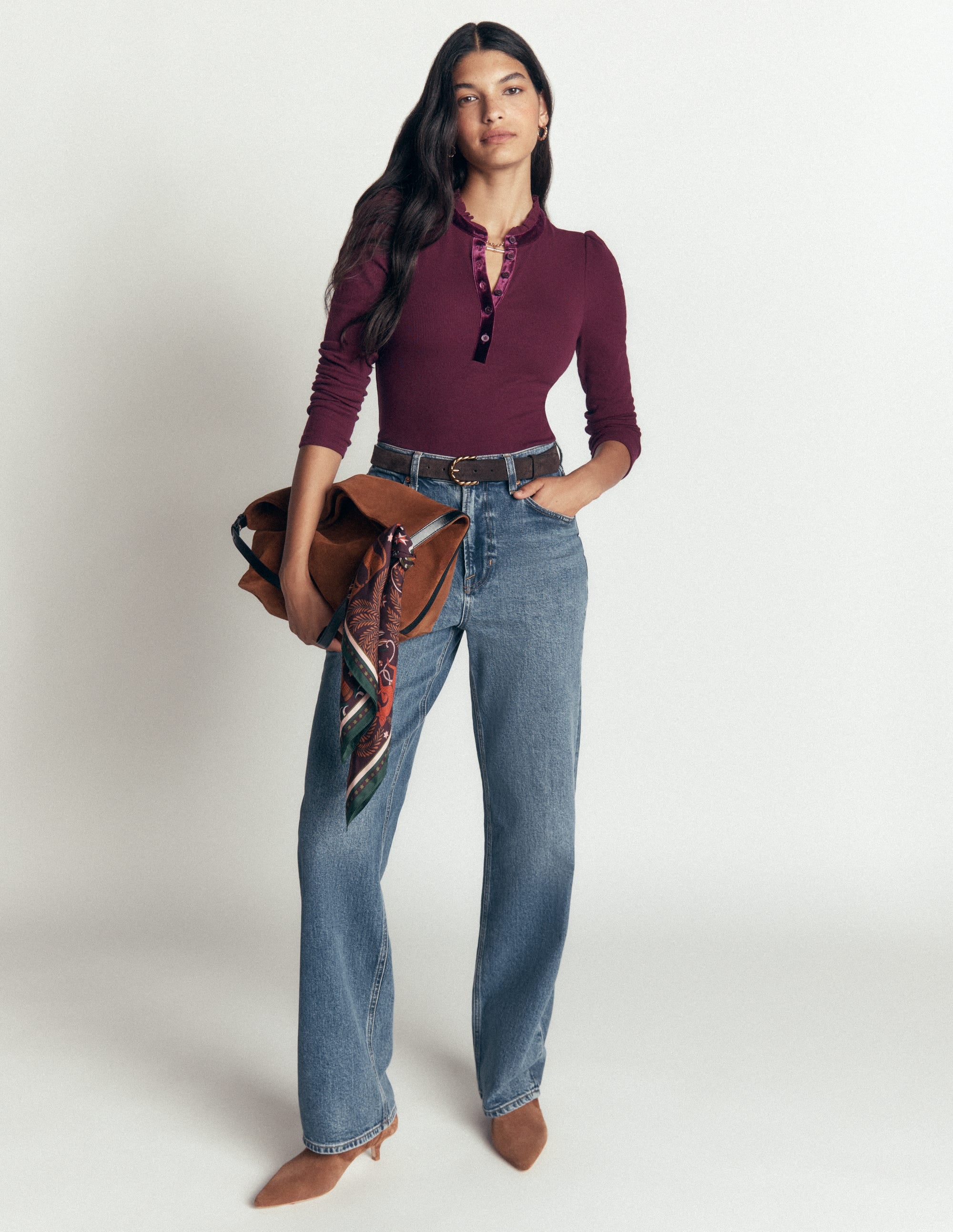 Velvet Ruffle Trim Henley Top-Dark Cherry - Image 4