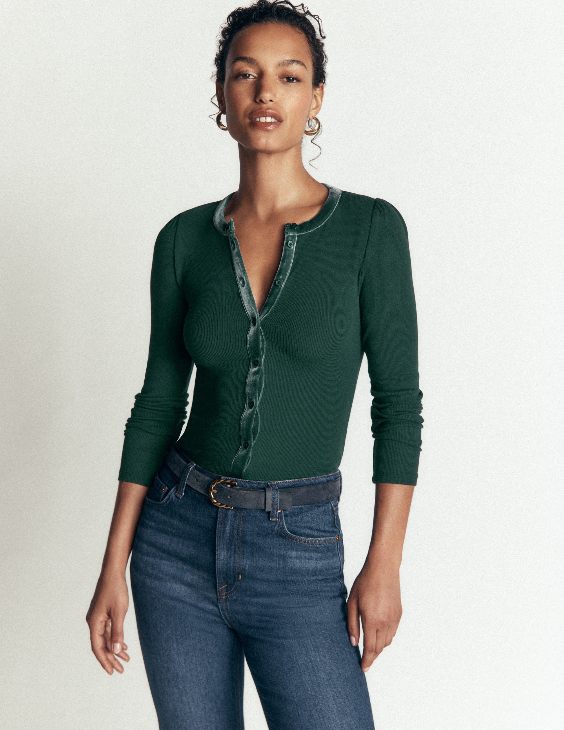 Velvet Trim Ribbed Cardigan-Green Pine-1