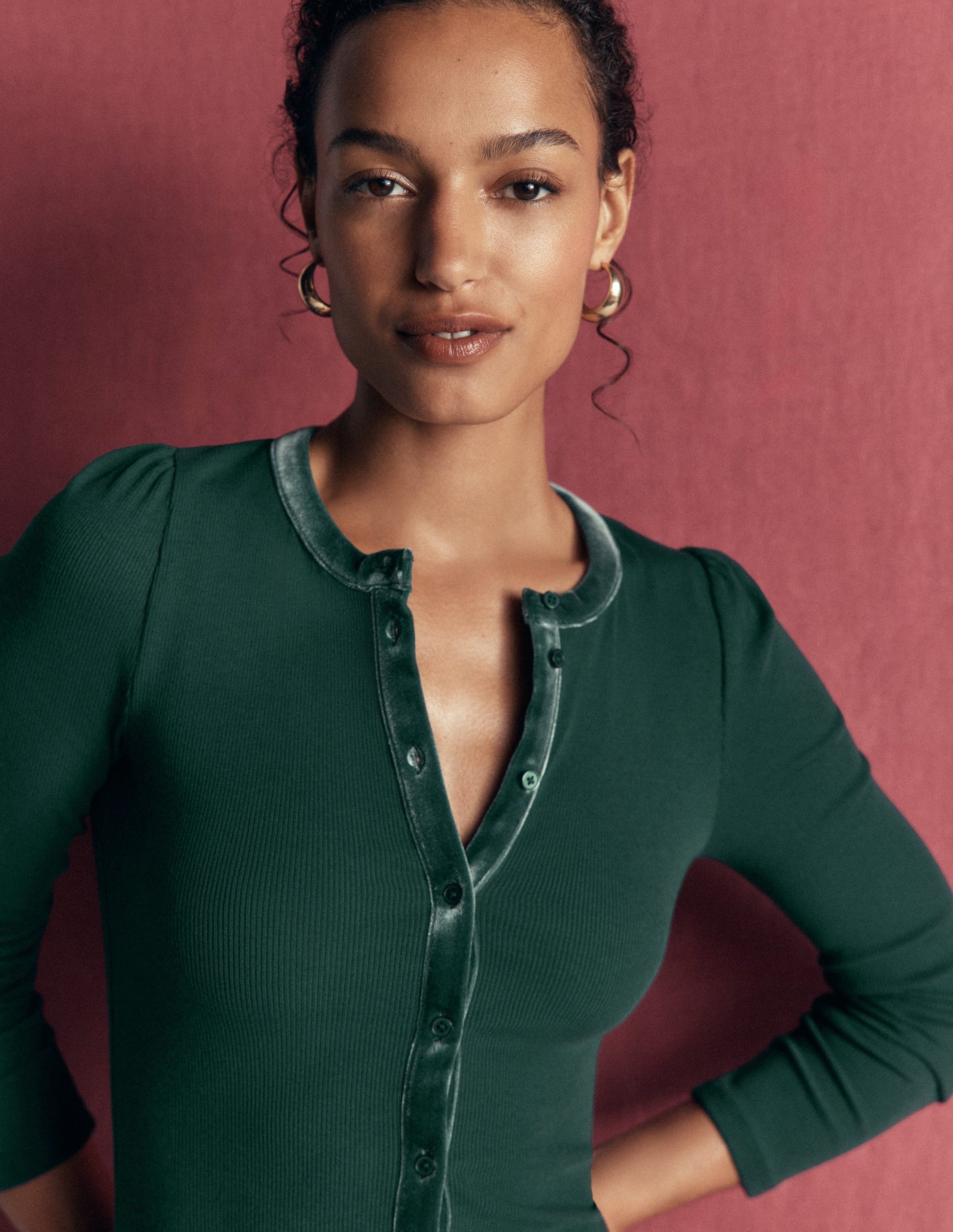Velvet Trim Ribbed Cardigan-Green Pine-2