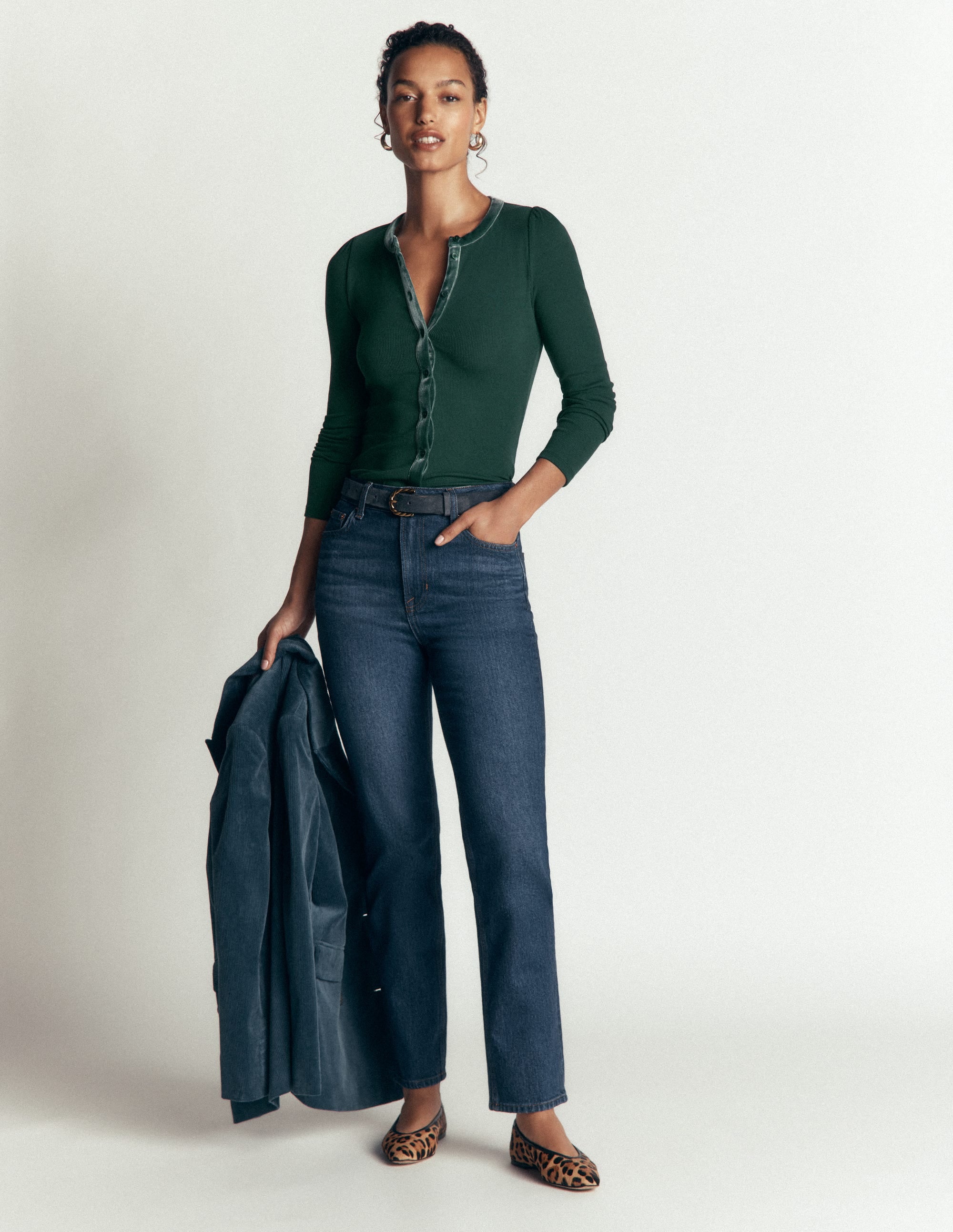 Velvet Trim Ribbed Cardigan-Green Pine - Image 4