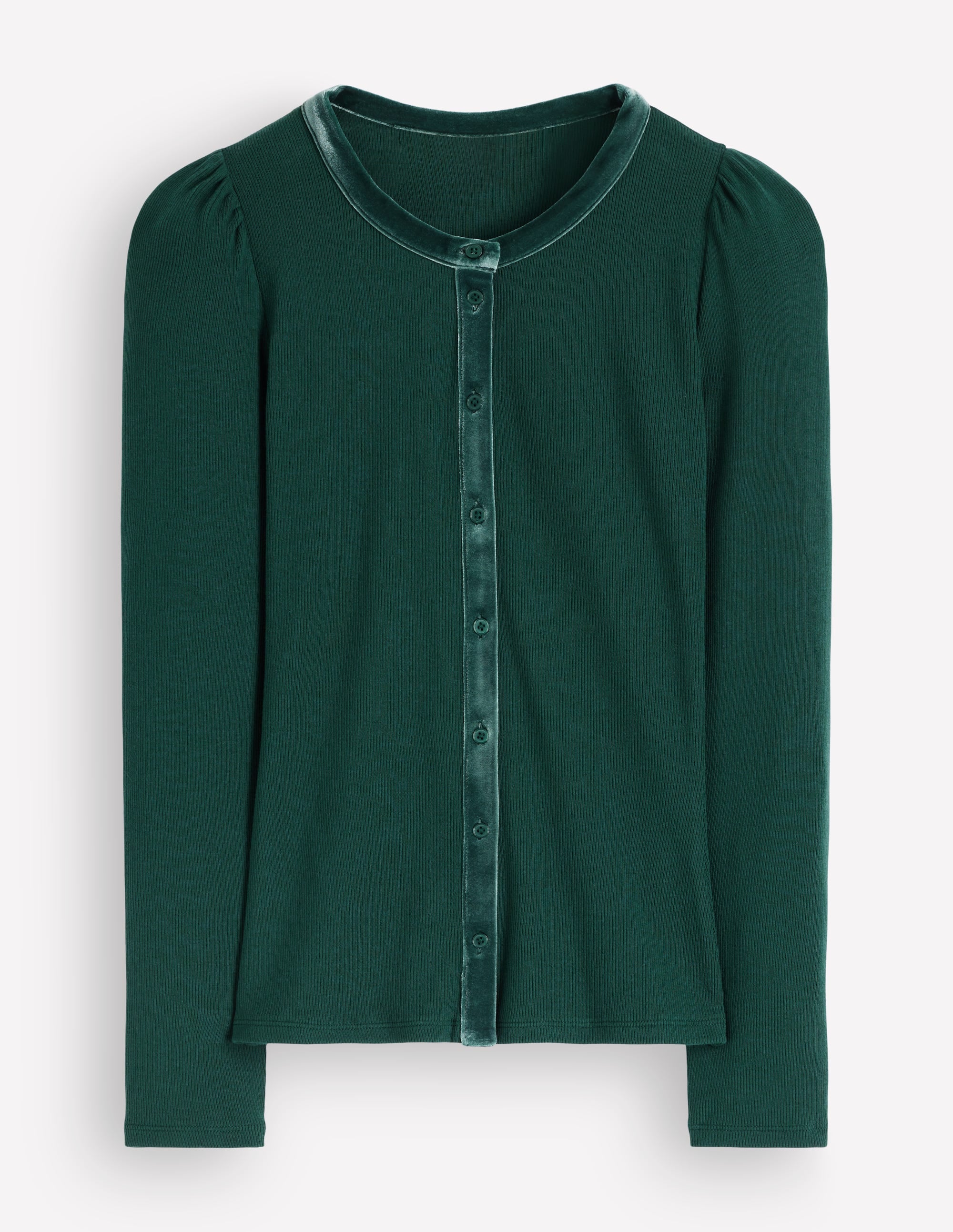 Velvet Trim Ribbed Cardigan-Green Pine - Image 5