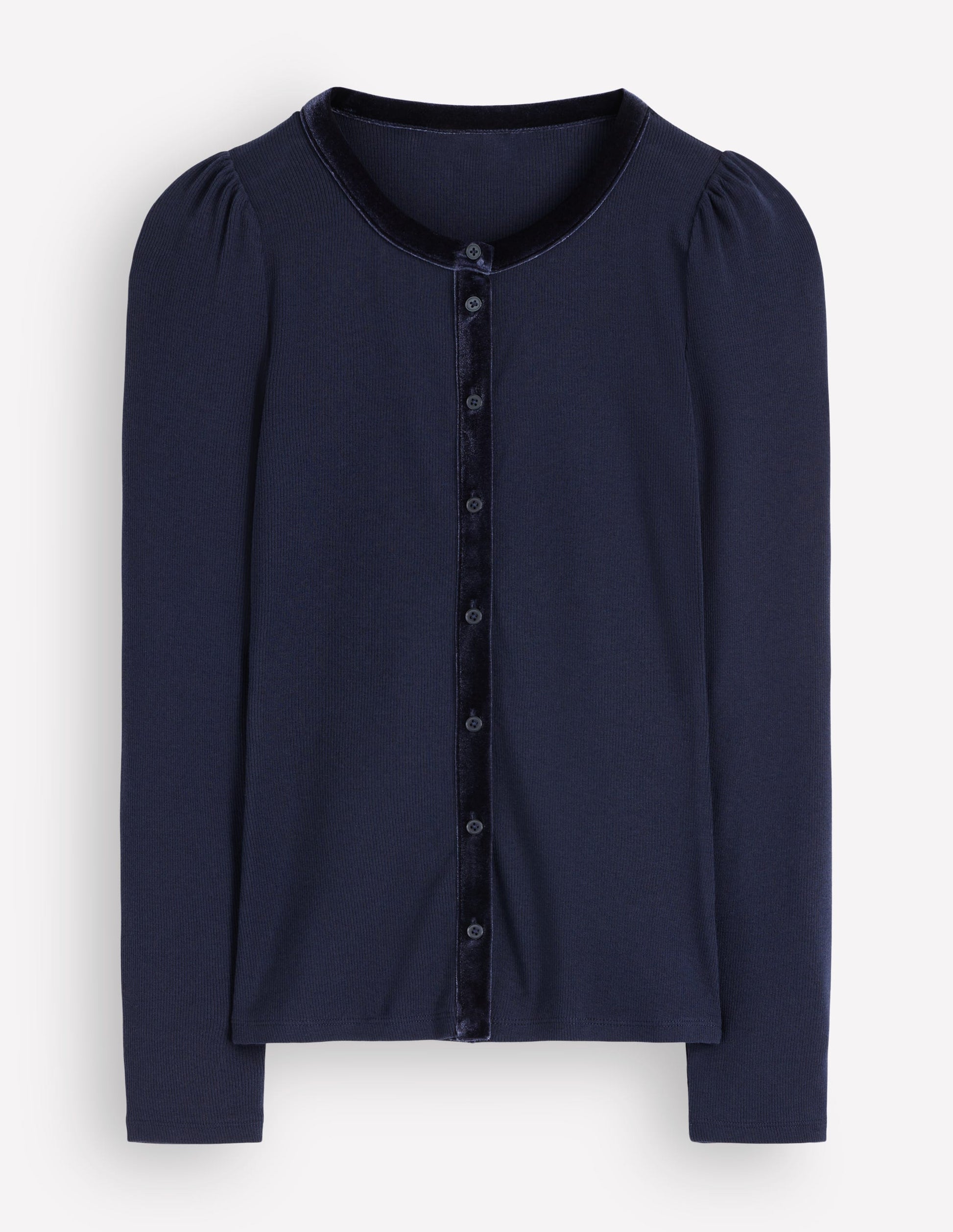 Velvet Trim Ribbed Cardigan-Navy-3