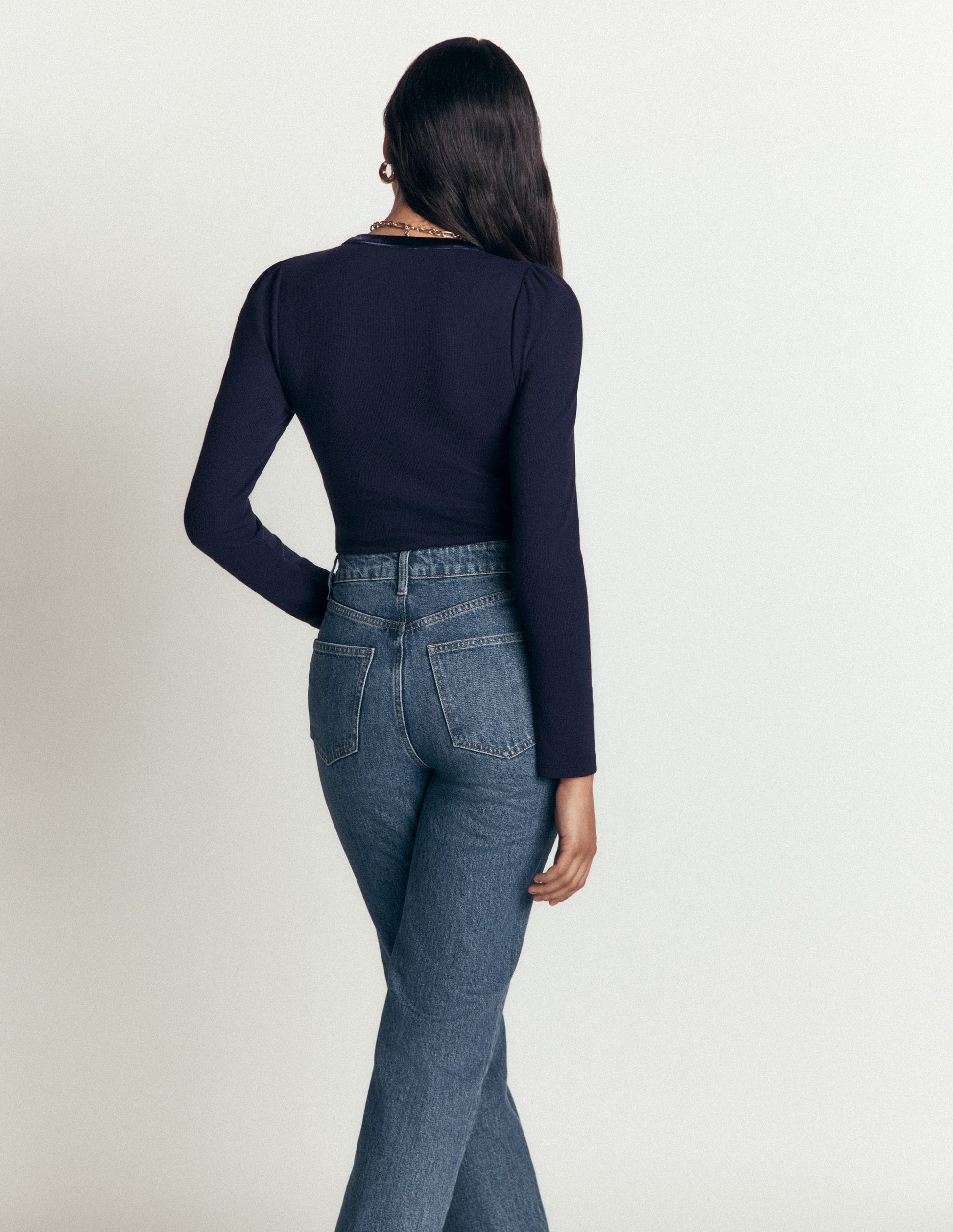 Velvet Trim Ribbed Cardigan-Navy-1