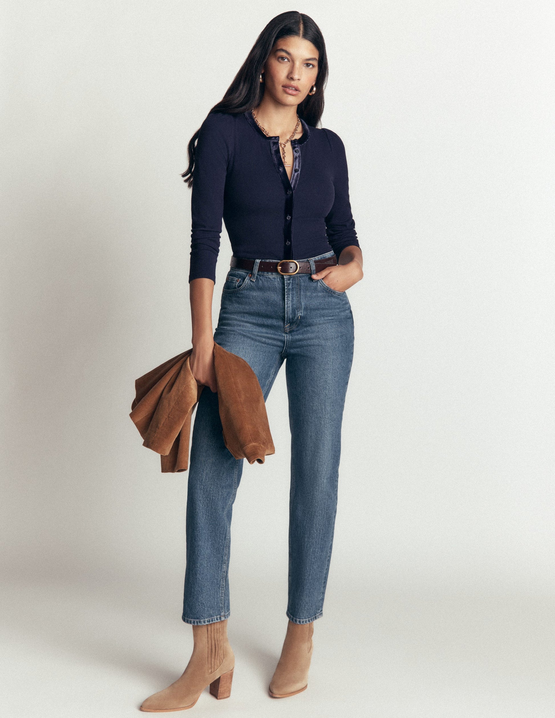 Velvet Trim Ribbed Cardigan-Navy-2