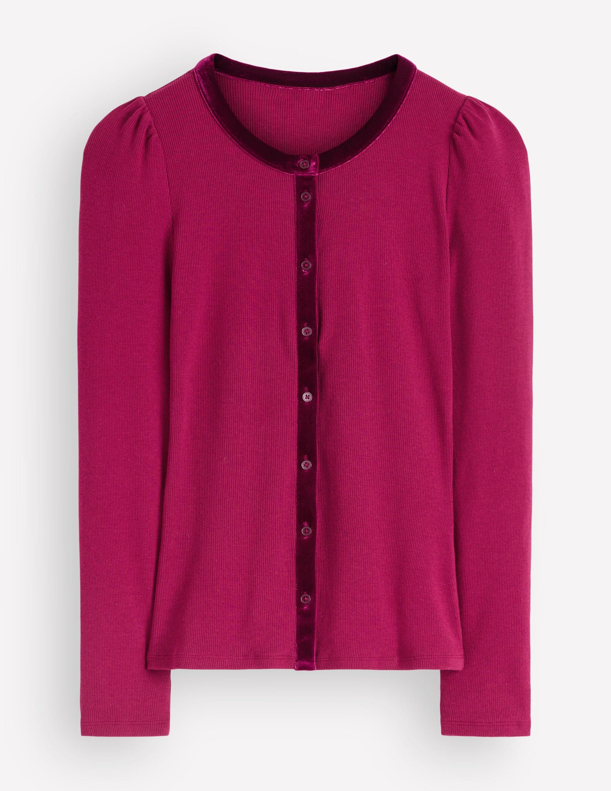 Velvet Trim Ribbed Cardigan-Beetroot Red-6