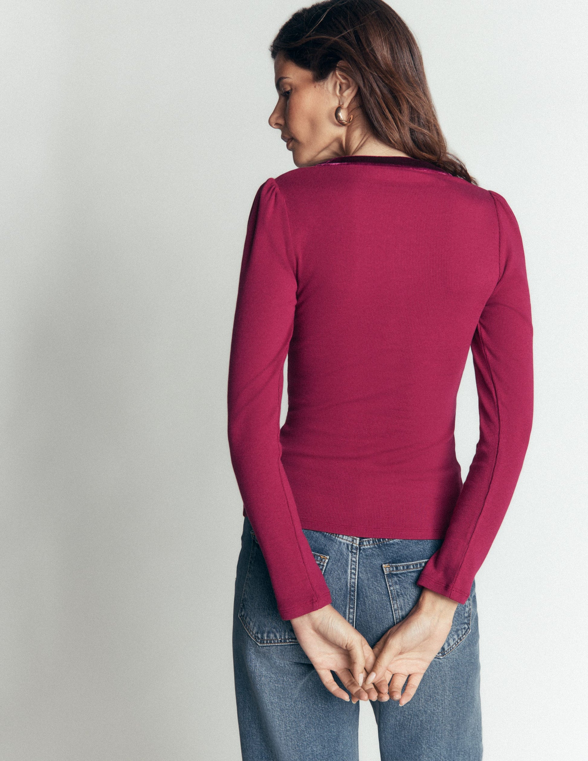 Velvet Trim Ribbed Cardigan-Beetroot Red-3