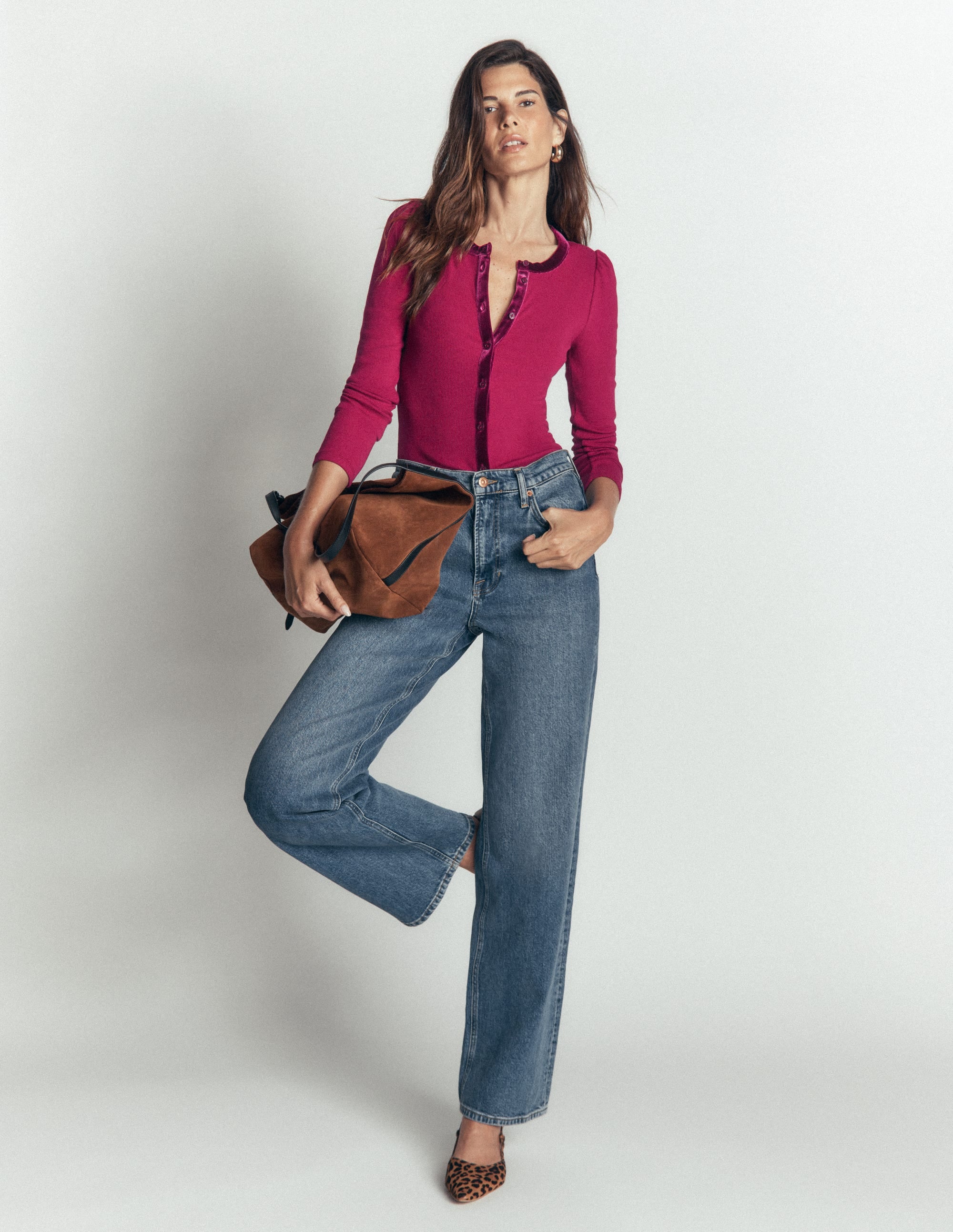 Velvet Trim Ribbed Cardigan-Beetroot Red - Image 5