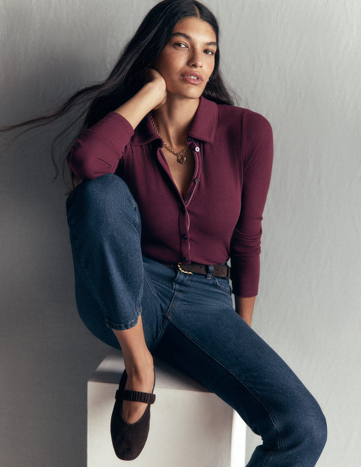 Jersey Velvet Ribbed Shirt-Dark Cherry